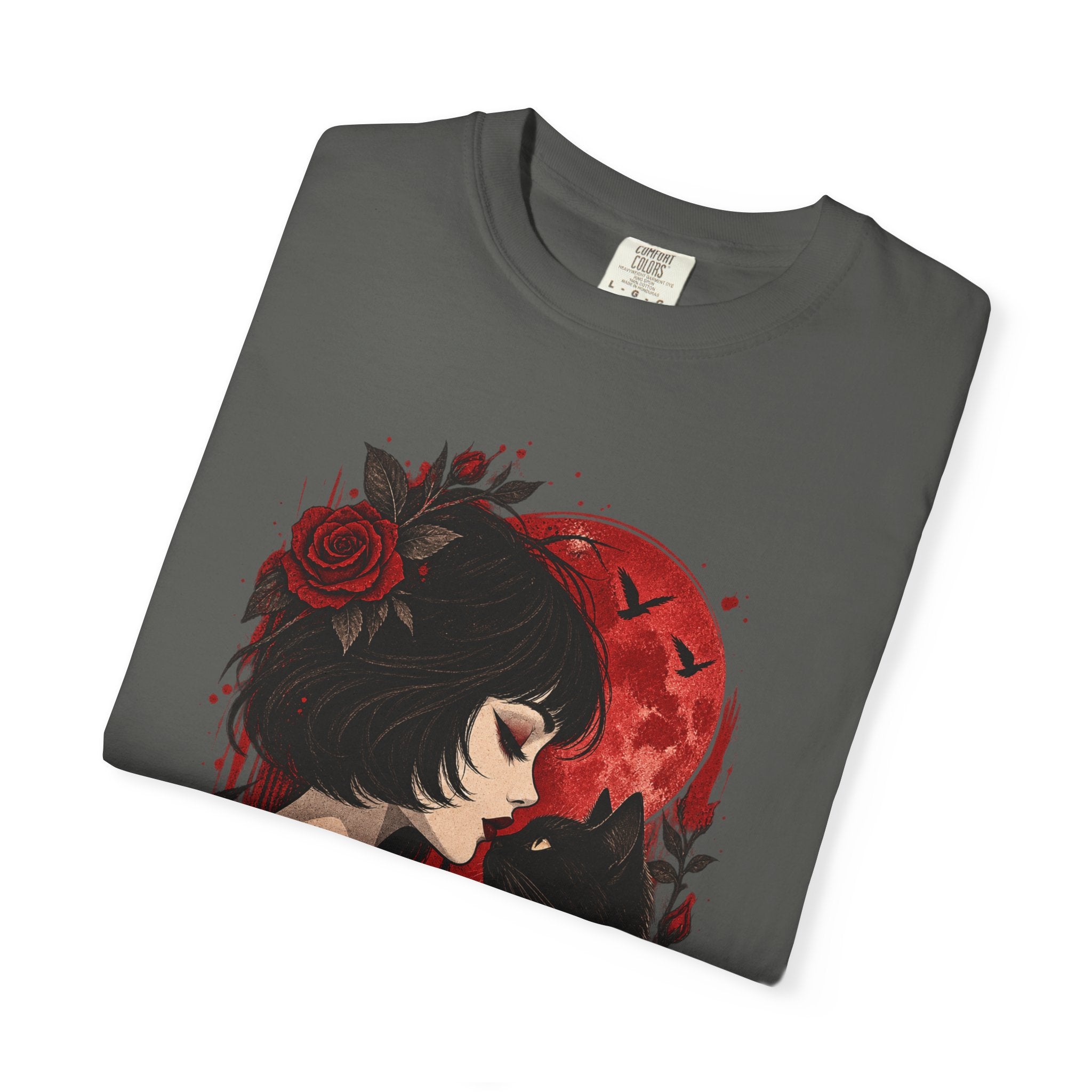 Gothic Girl & Black Cat T‑Shirt — Red Moon Rose Illustration