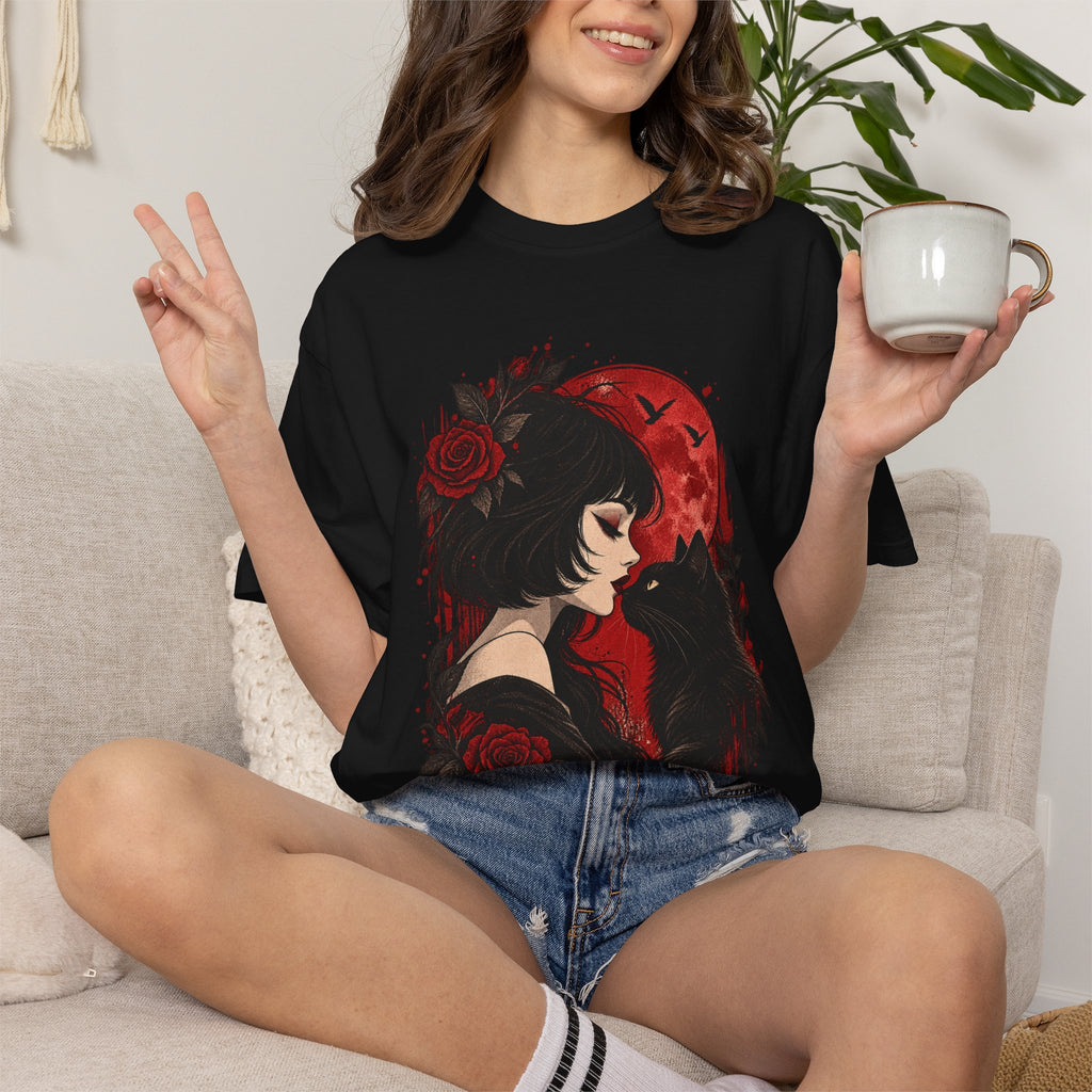 Gothic Girl & Black Cat T‑Shirt — Red Moon Rose Illustration
