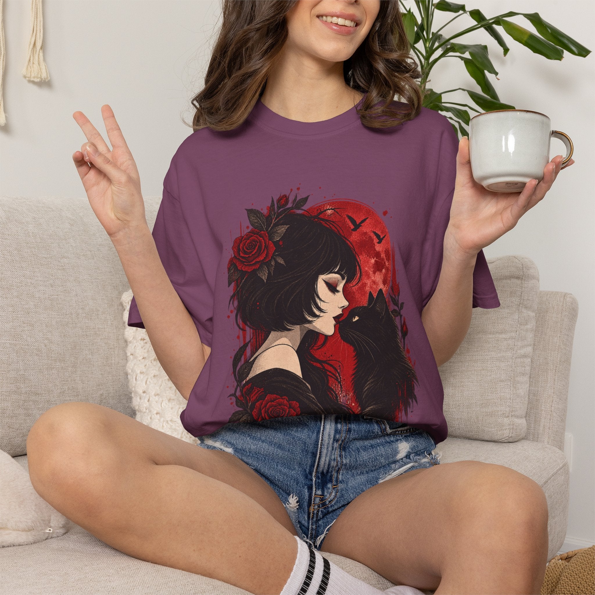 Gothic Girl & Black Cat T‑Shirt — Red Moon Rose Illustration