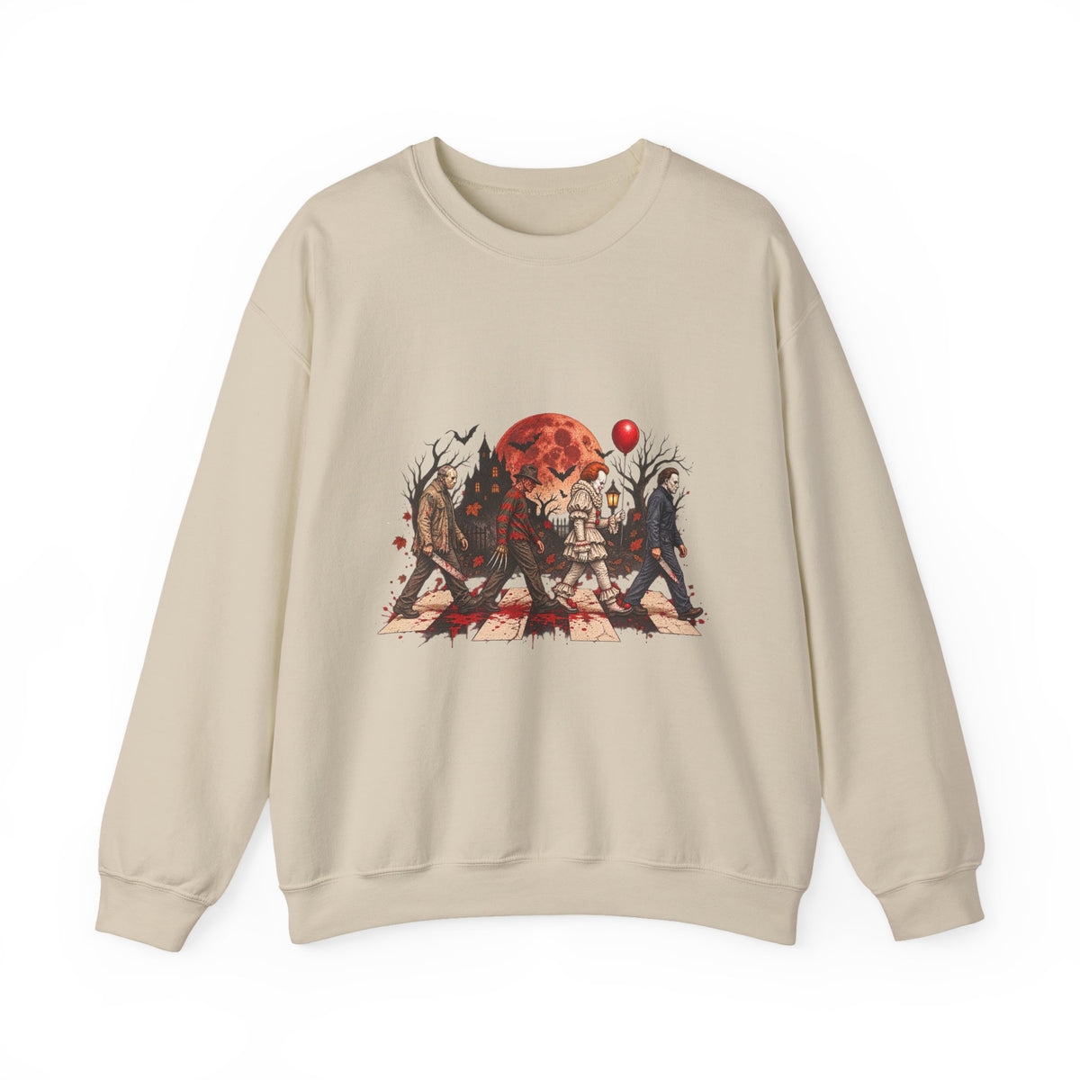 Horror Movie Icons Crewneck Sweatshirt — Pennywise, Jason & Slasher Silhouette Design