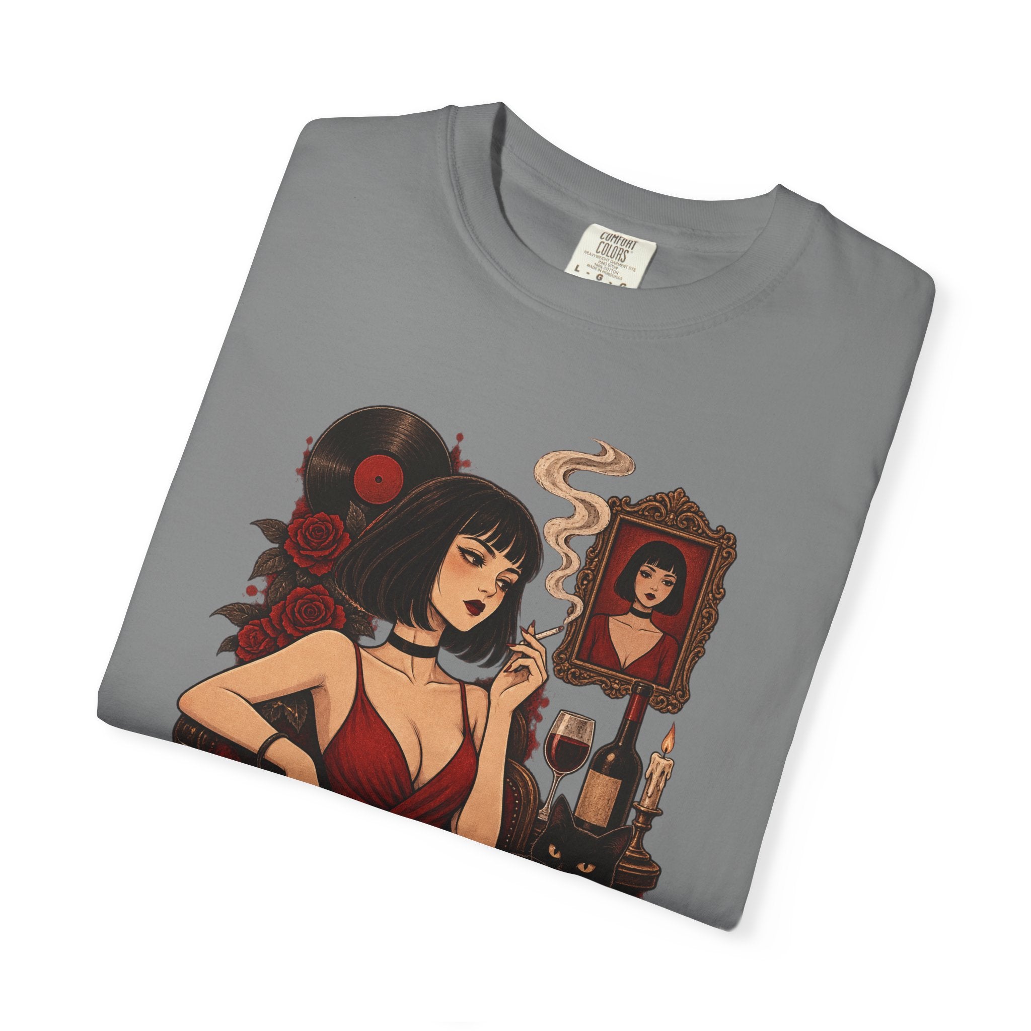 Vampy Noir Lady Graphic T-Shirt — Gothic Red Dress Illustration