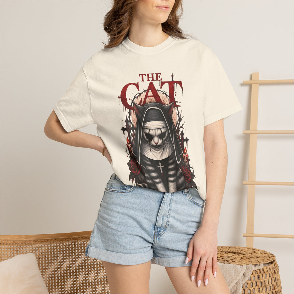 Gothic 'The Cat' T-Shirt — Nun Cat with Roses & Crosses