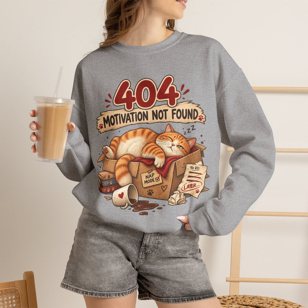 Crewneck Sweatshirt — "404 Motivation Not Found" Lazy Cat Graphic