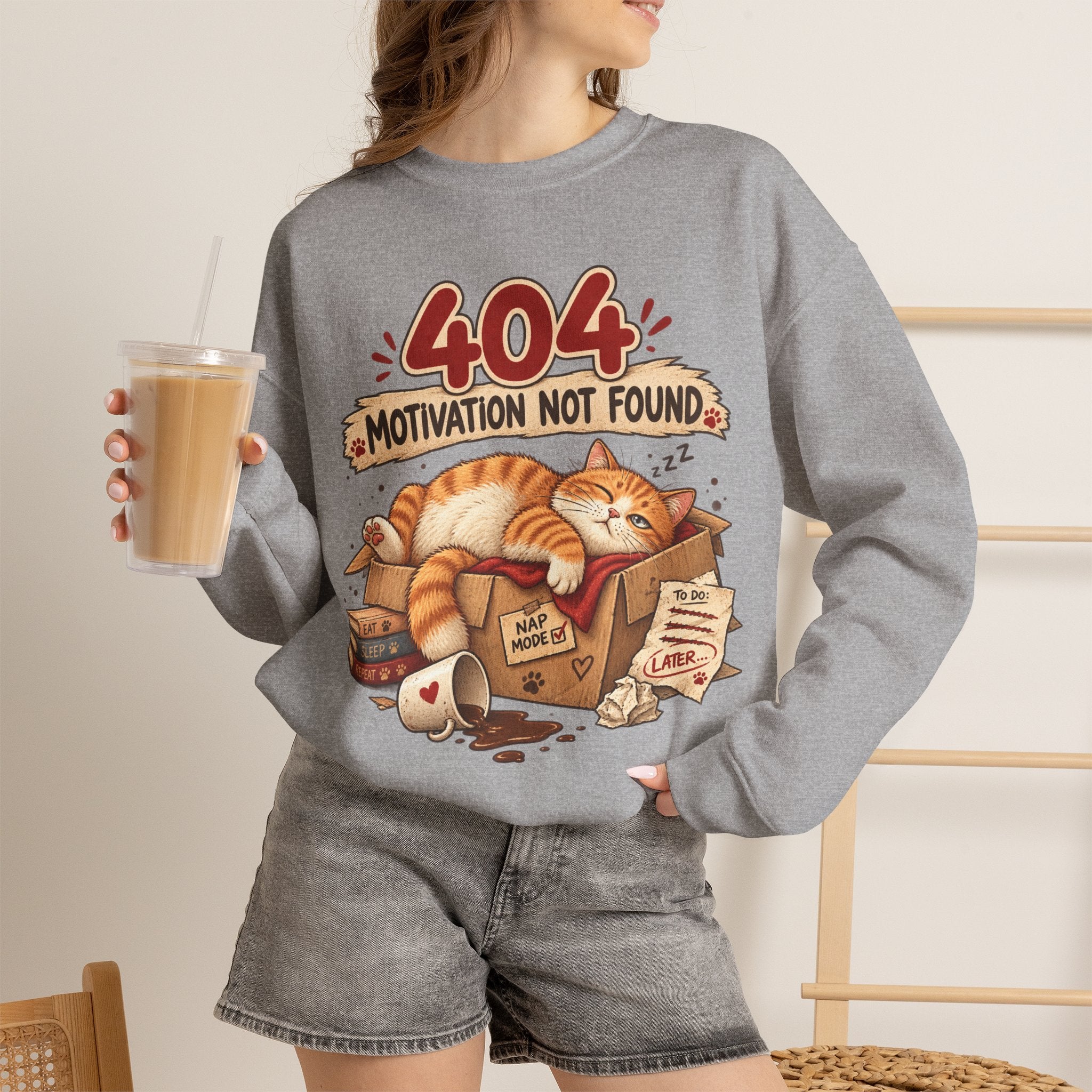 Crewneck Sweatshirt — "404 Motivation Not Found" Lazy Cat Graphic