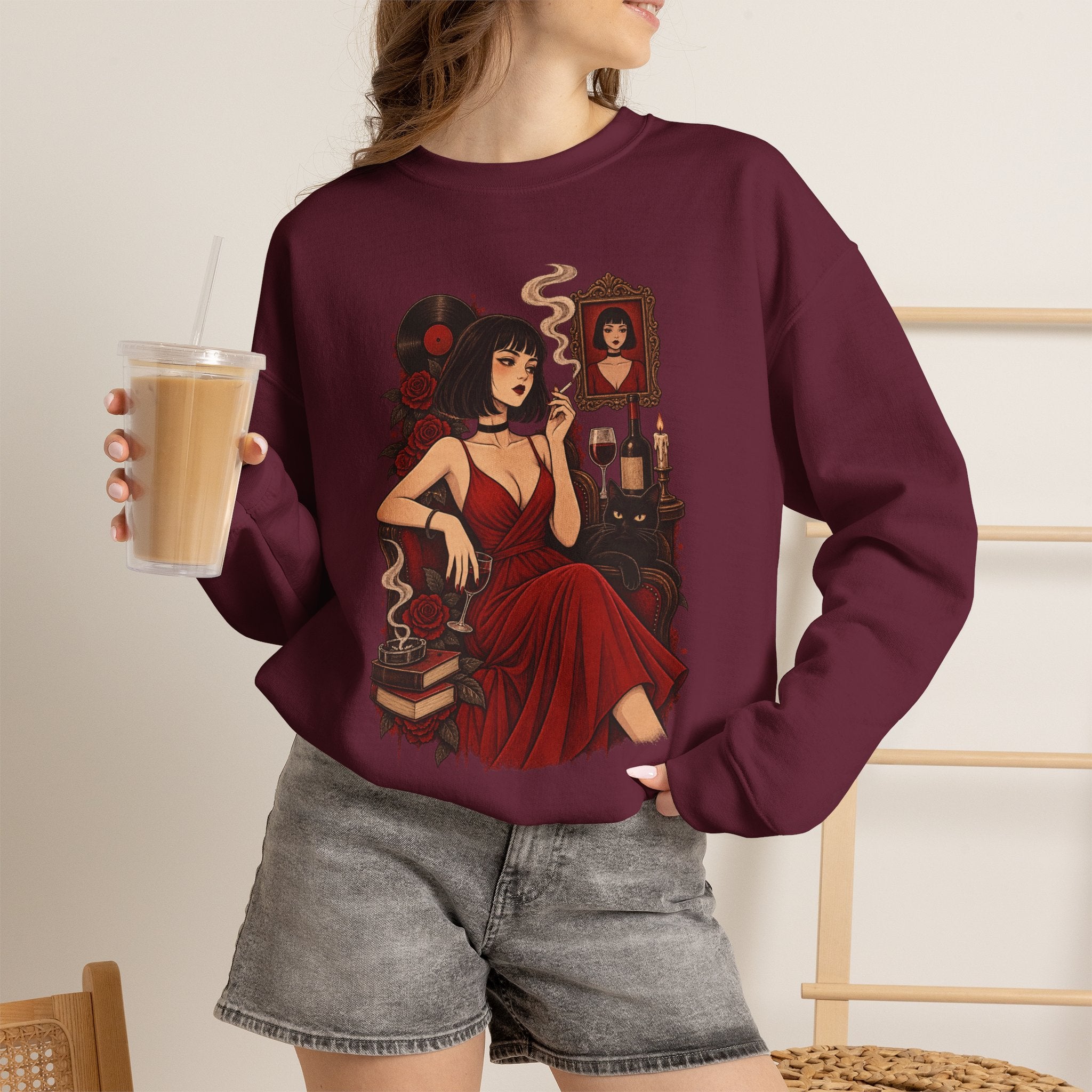 Gothic Noir Crewneck Sweatshirt — "Midnight Parlour" Retro Vampire Femme Design