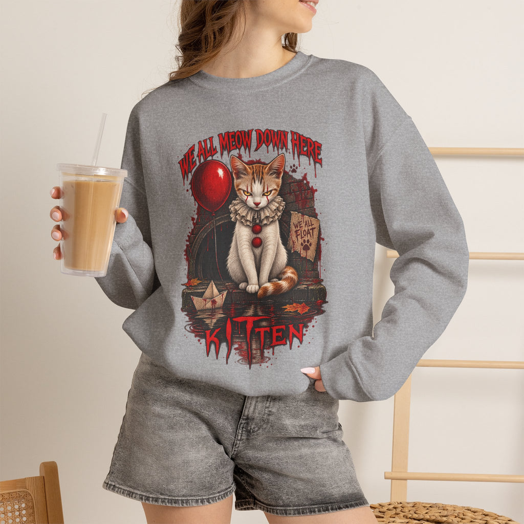 Horror Cat Crewneck Sweatshirt — "Kitten" Creepy Balloon Graphic