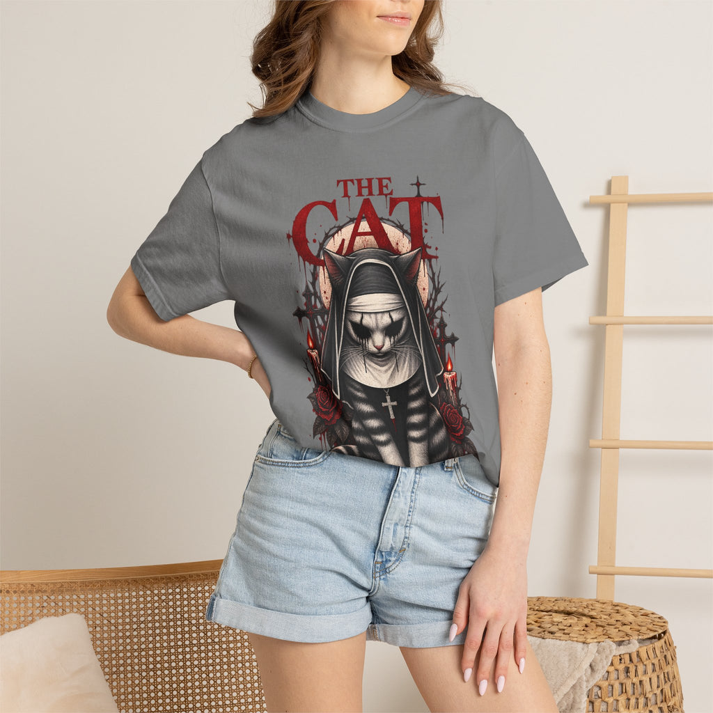 Gothic 'The Cat' T-Shirt — Nun Cat with Roses & Crosses