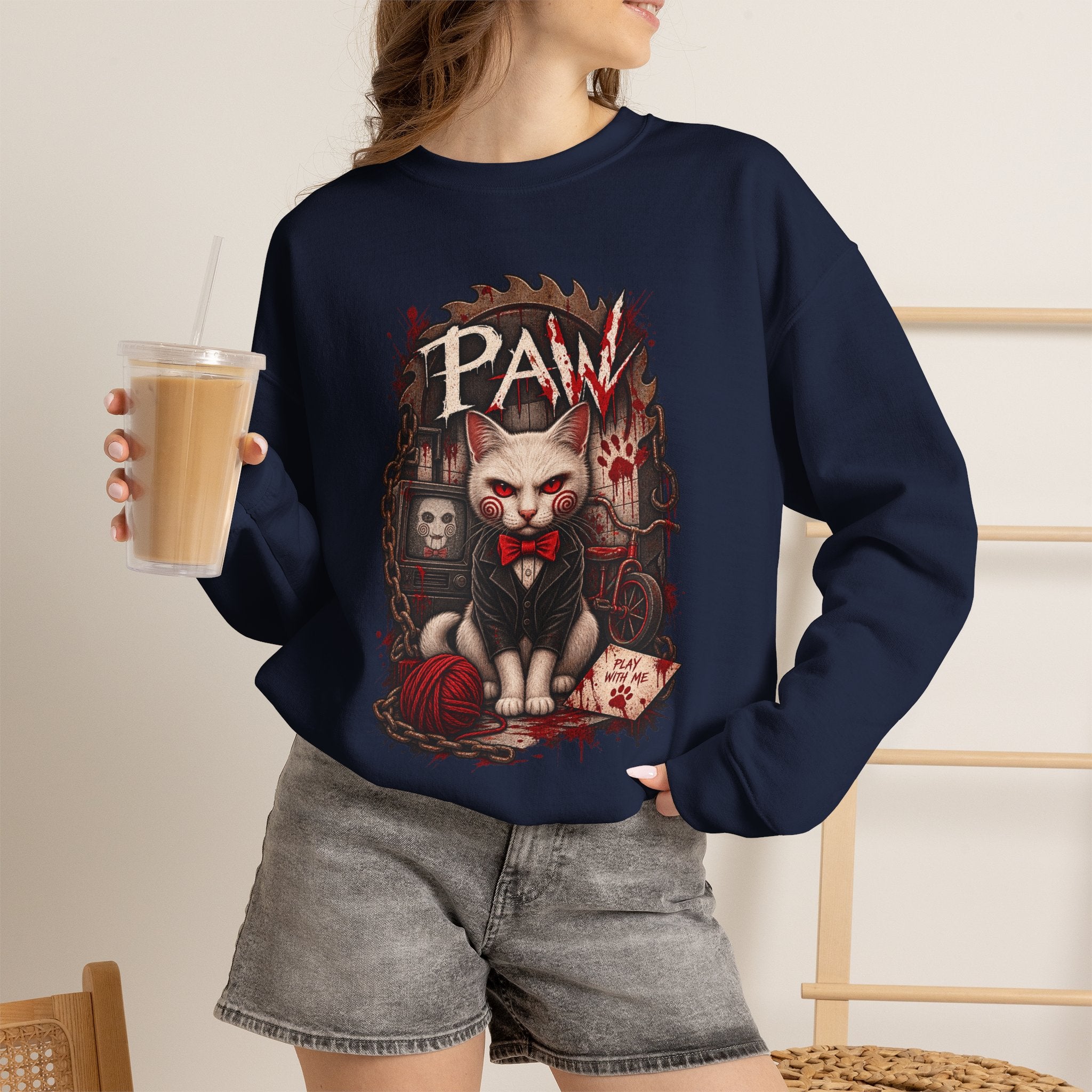 Horror Cat Crewneck Sweatshirt — "Paw" Gothic Killer Cat Graphic