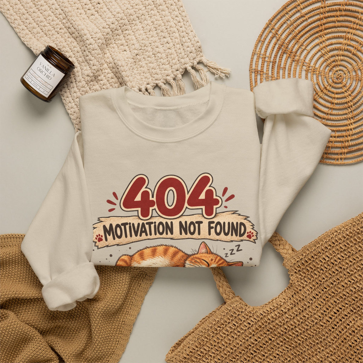 Crewneck Sweatshirt — "404 Motivation Not Found" Lazy Cat Graphic