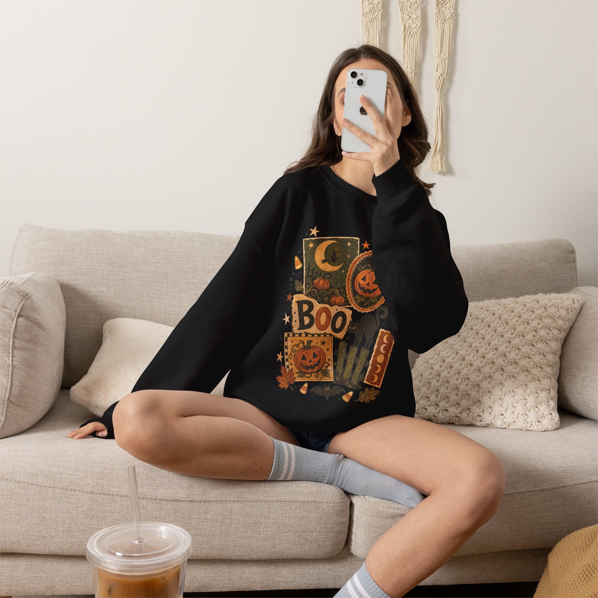 Halloween Vintage Patchwork Sweatshirt – 'Boo' Jack-o'-Lantern Crewneck