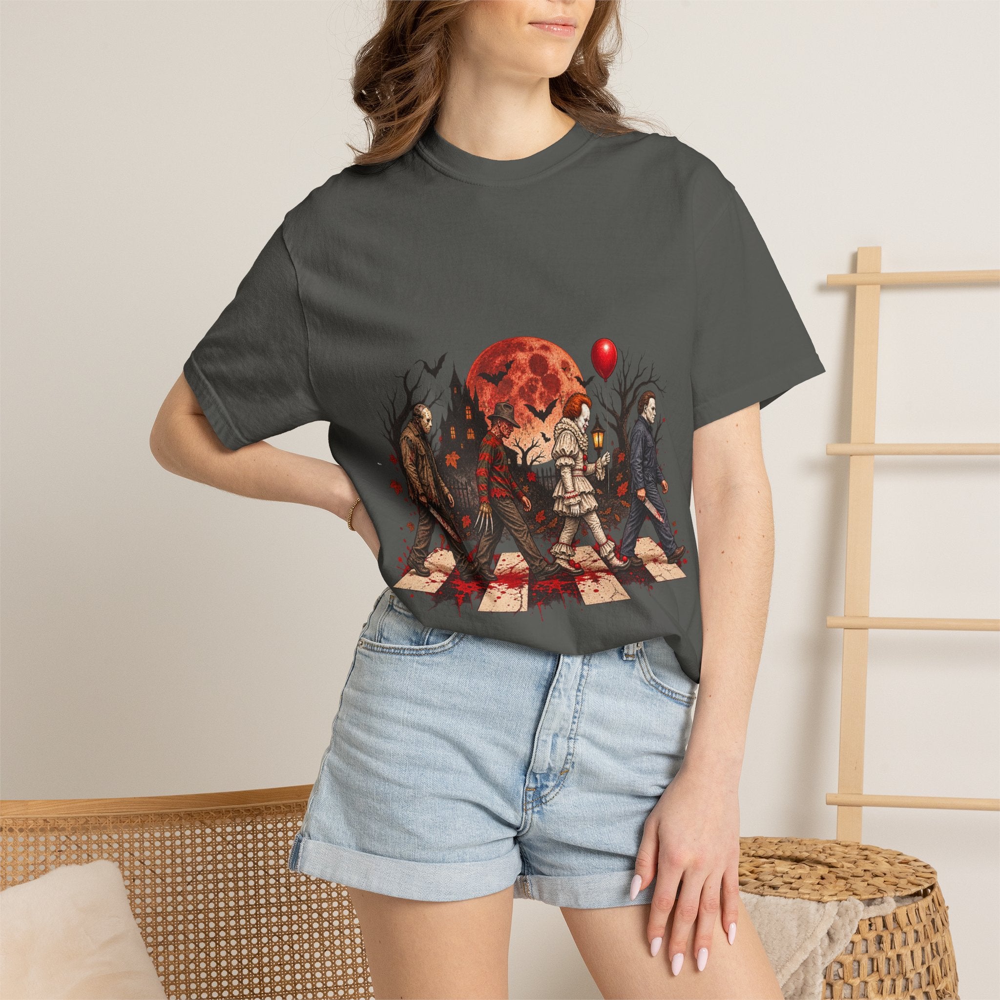 Horror Icons Crossing Graphic T-Shirt — Red Moon Pennywise & Slasher Mashup