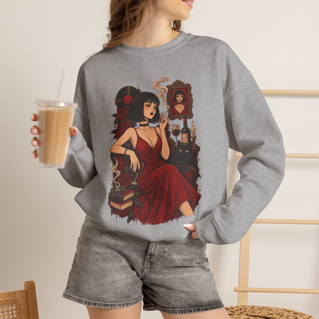 Gothic Noir Crewneck Sweatshirt — "Midnight Parlour" Retro Vampire Femme Design