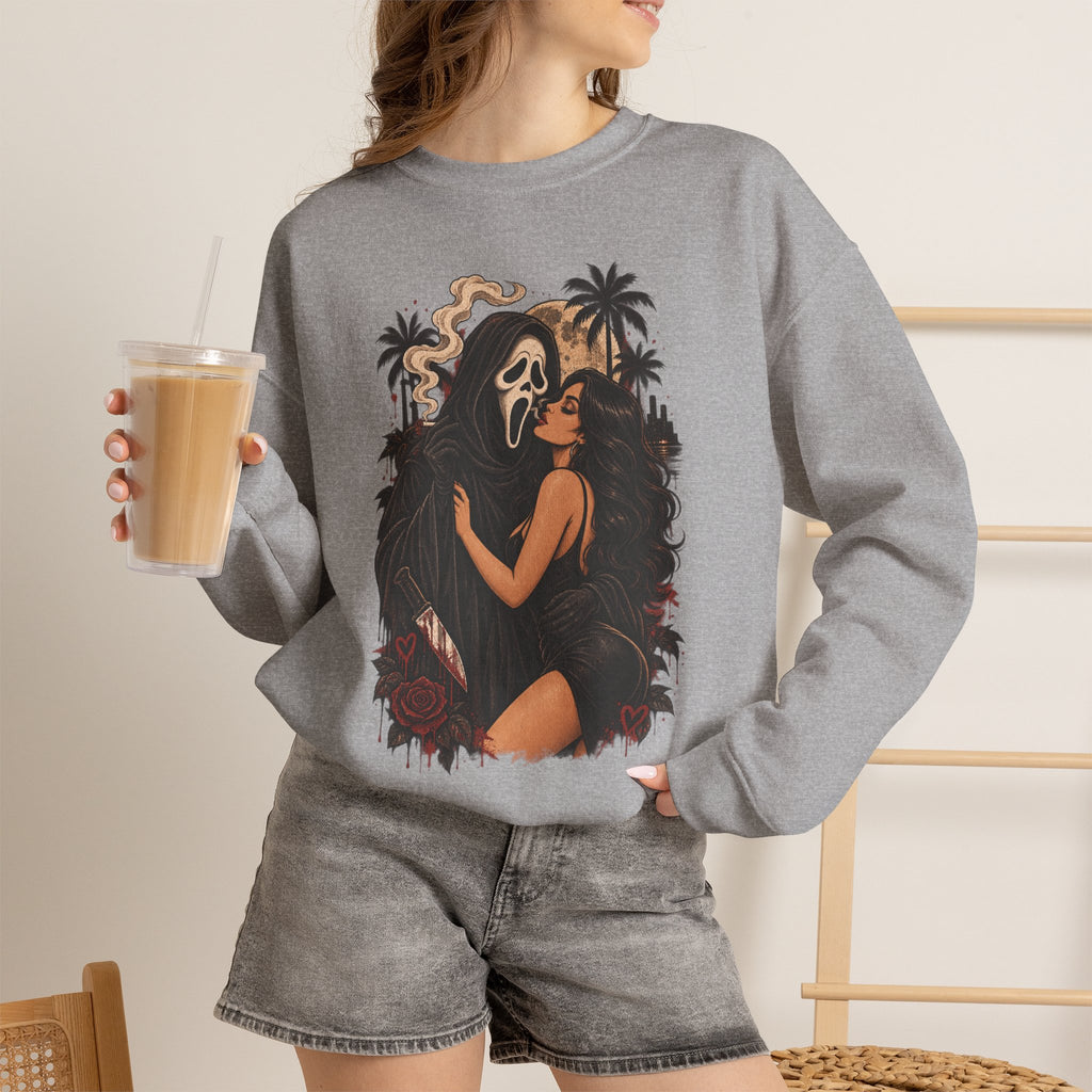 Horror Romance Crewneck Sweatshirt – Masked Ghost Embrace Graphic
