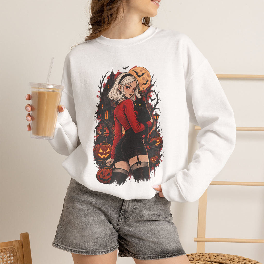 Halloween Pinup Crewneck Sweatshirt — Spooky Girl Pumpkin Design