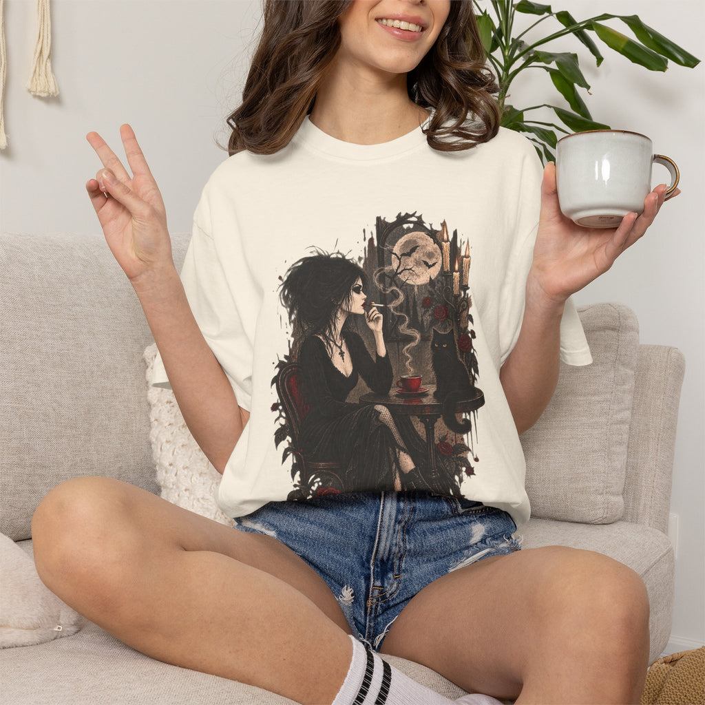 Witchy Tea Time T-Shirt — Gothic Woman with Moon & Candles Art