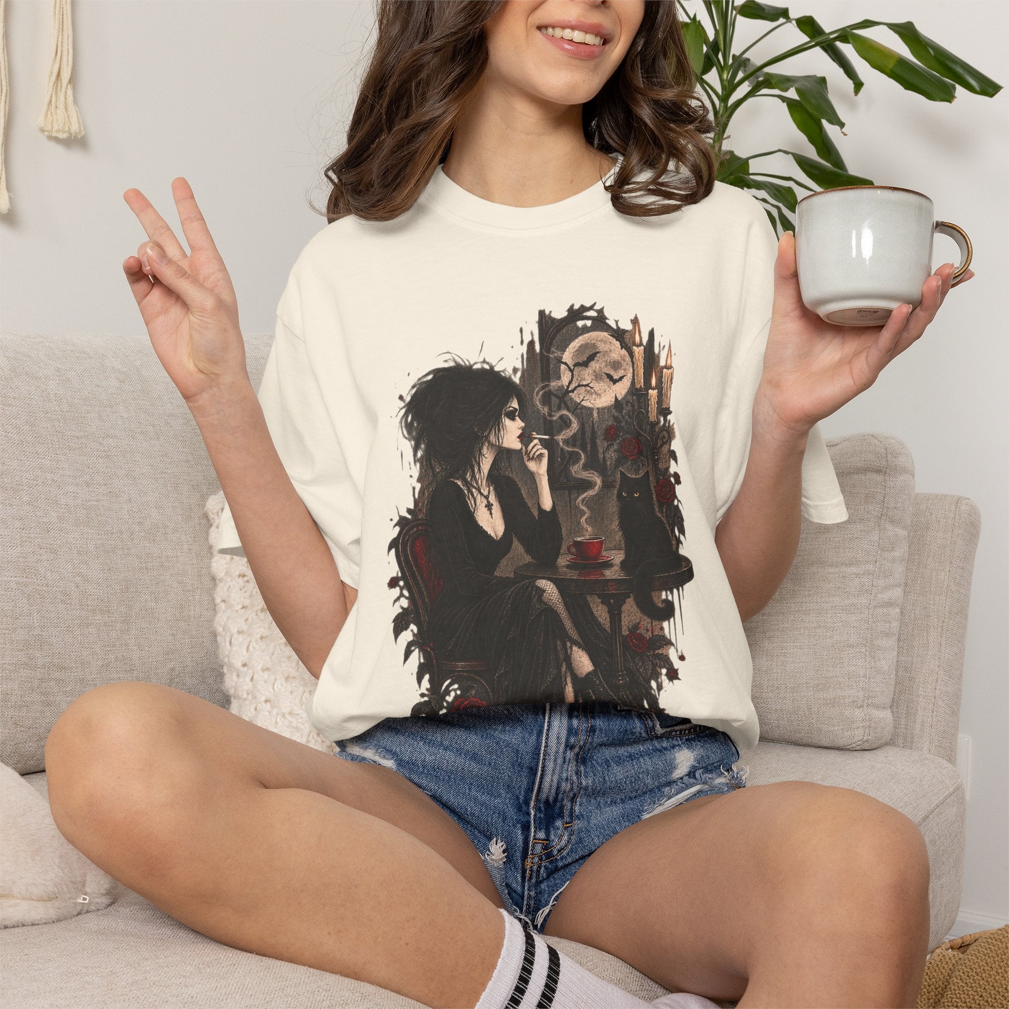 Witchy Tea Time T-Shirt — Gothic Woman with Moon & Candles Art