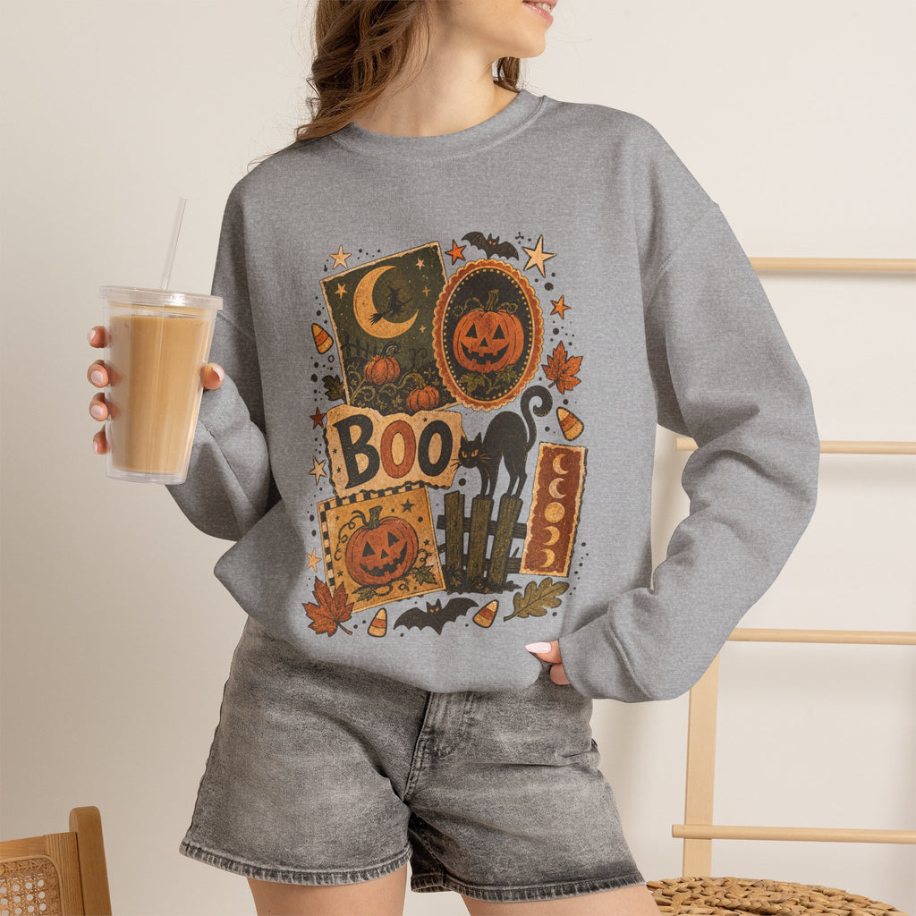 Halloween Vintage Patchwork Sweatshirt – 'Boo' Jack-o'-Lantern Crewneck