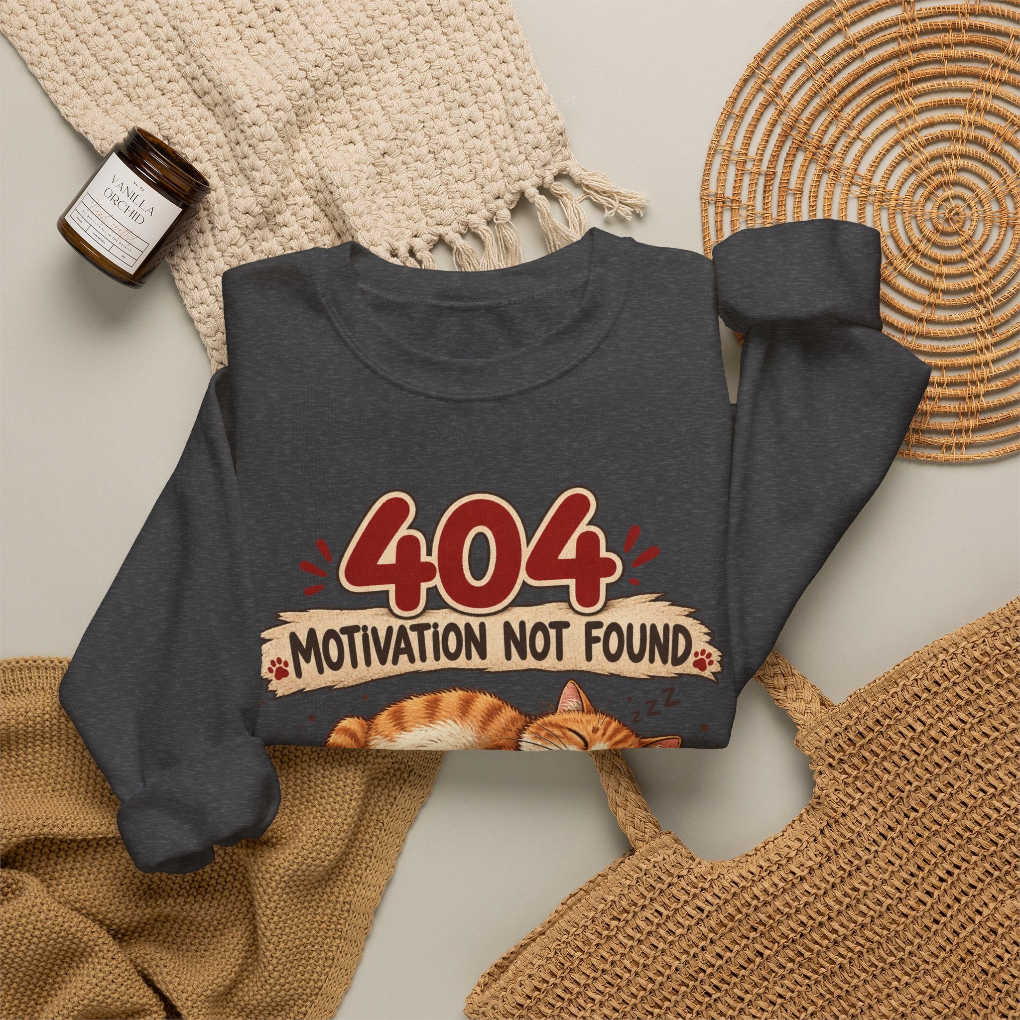 Crewneck Sweatshirt — "404 Motivation Not Found" Lazy Cat Graphic