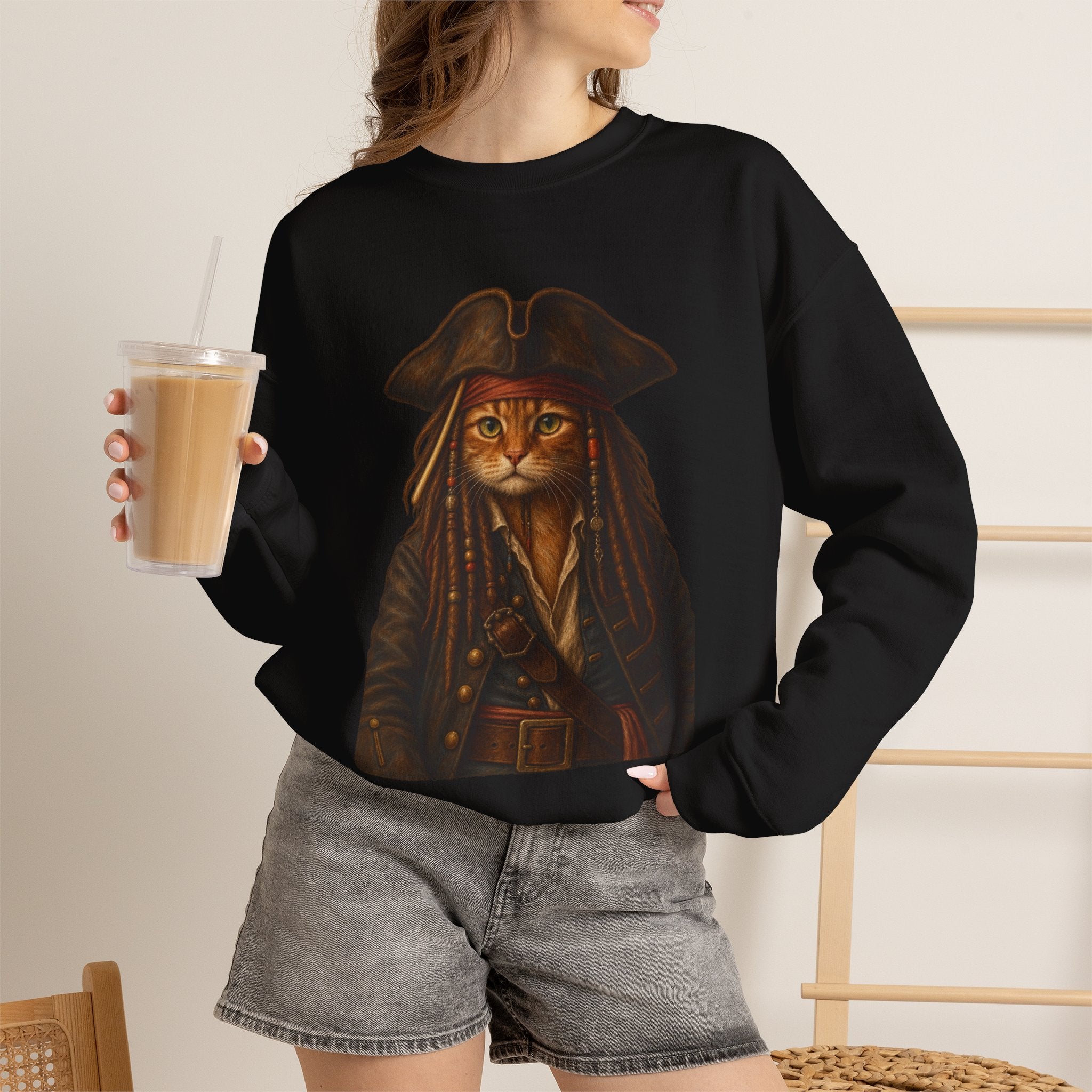 Pirate Cat Crewneck Sweatshirt — Captain Cat Portrait Pullover