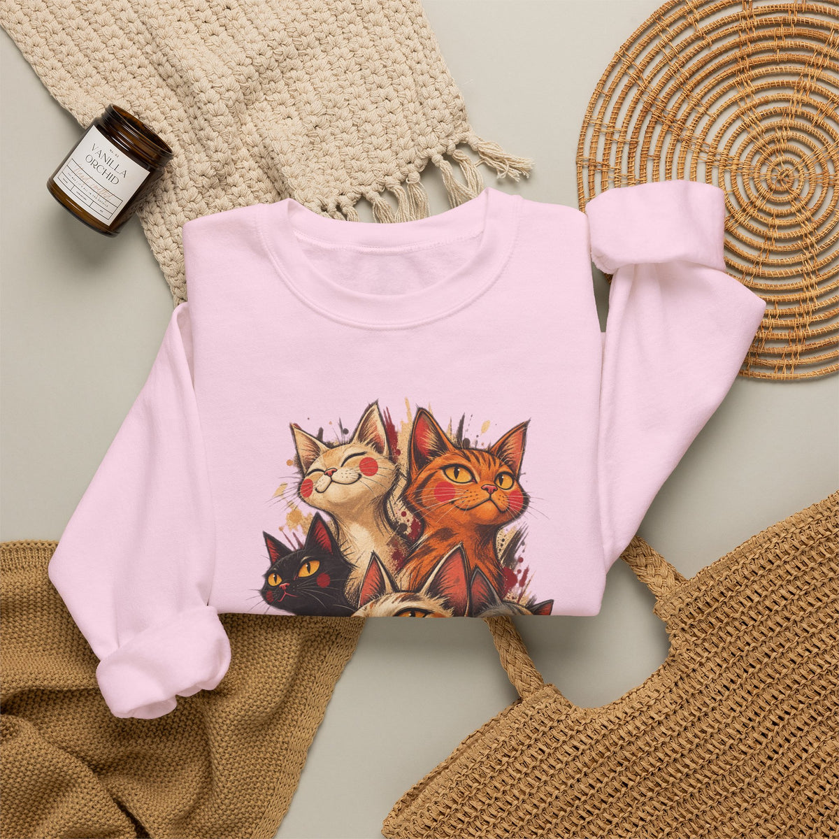 Cat Pack Crewneck Sweatshirt — Whimsical Multi-Cat Illustration