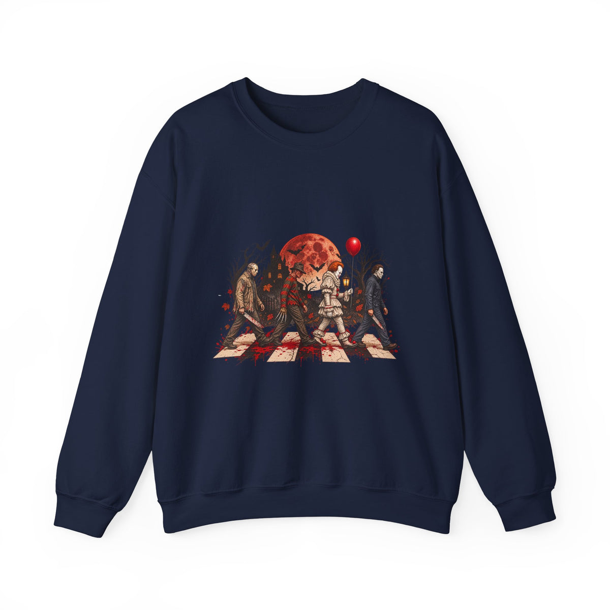 Horror Movie Icons Crewneck Sweatshirt — Pennywise, Jason & Slasher Silhouette Design