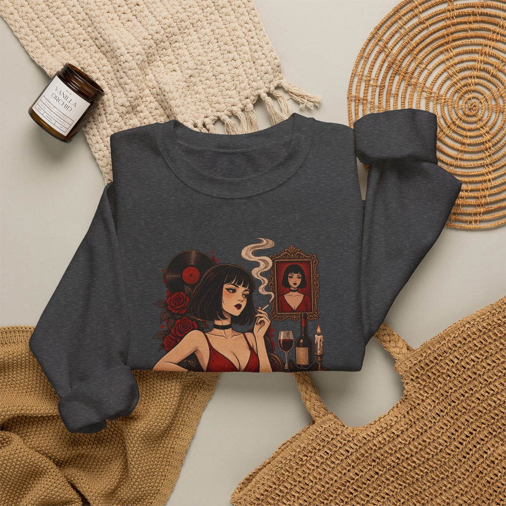 Gothic Noir Crewneck Sweatshirt — "Midnight Parlour" Retro Vampire Femme Design