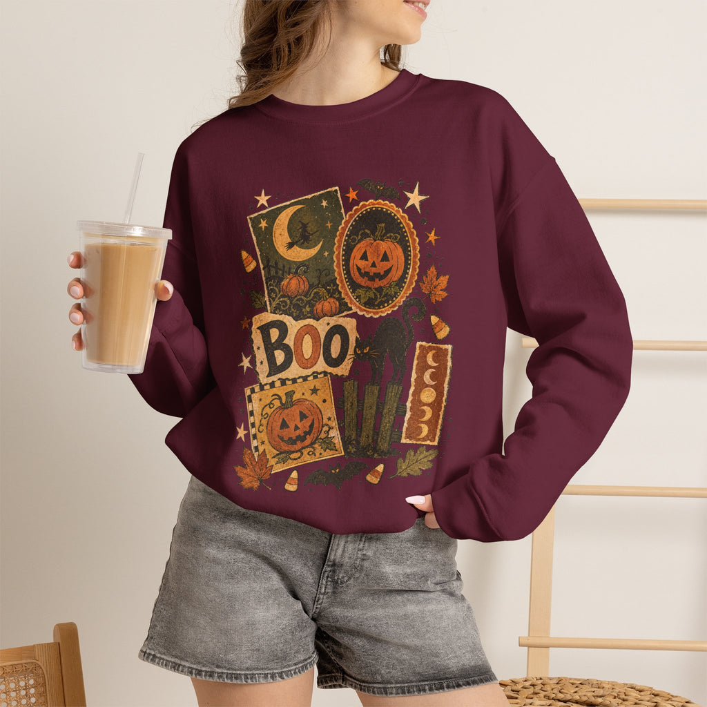 Halloween Vintage Patchwork Sweatshirt – 'Boo' Jack-o'-Lantern Crewneck