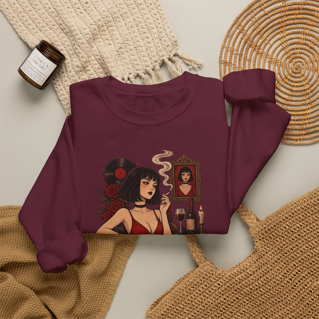 Gothic Noir Crewneck Sweatshirt — "Midnight Parlour" Retro Vampire Femme Design