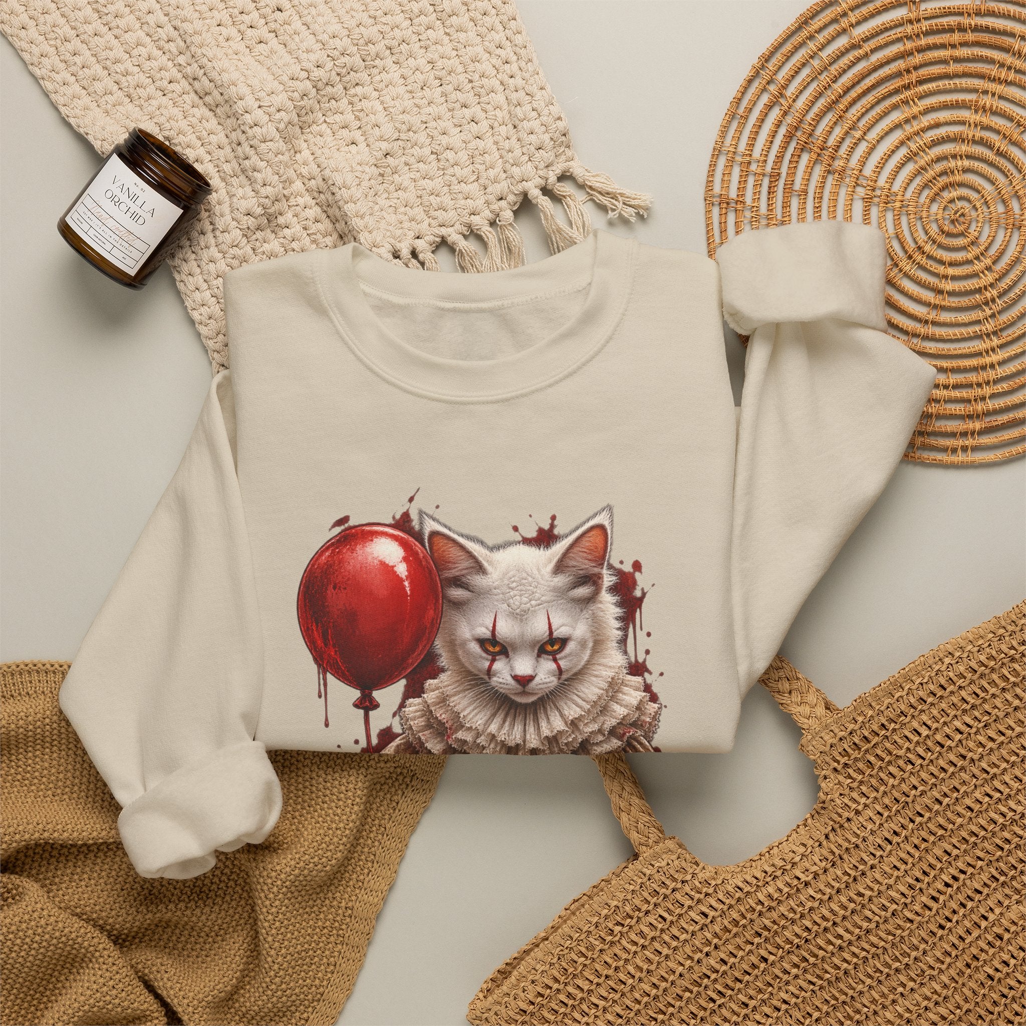 Cat Clown Crewneck Sweatshirt — Creepy Cat Holding Red Balloon Halloween Pullover