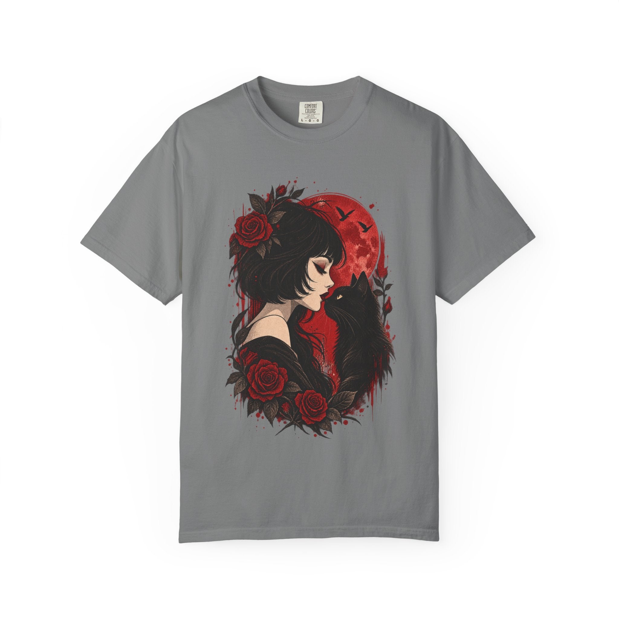 Gothic Girl & Black Cat T‑Shirt — Red Moon Rose Illustration
