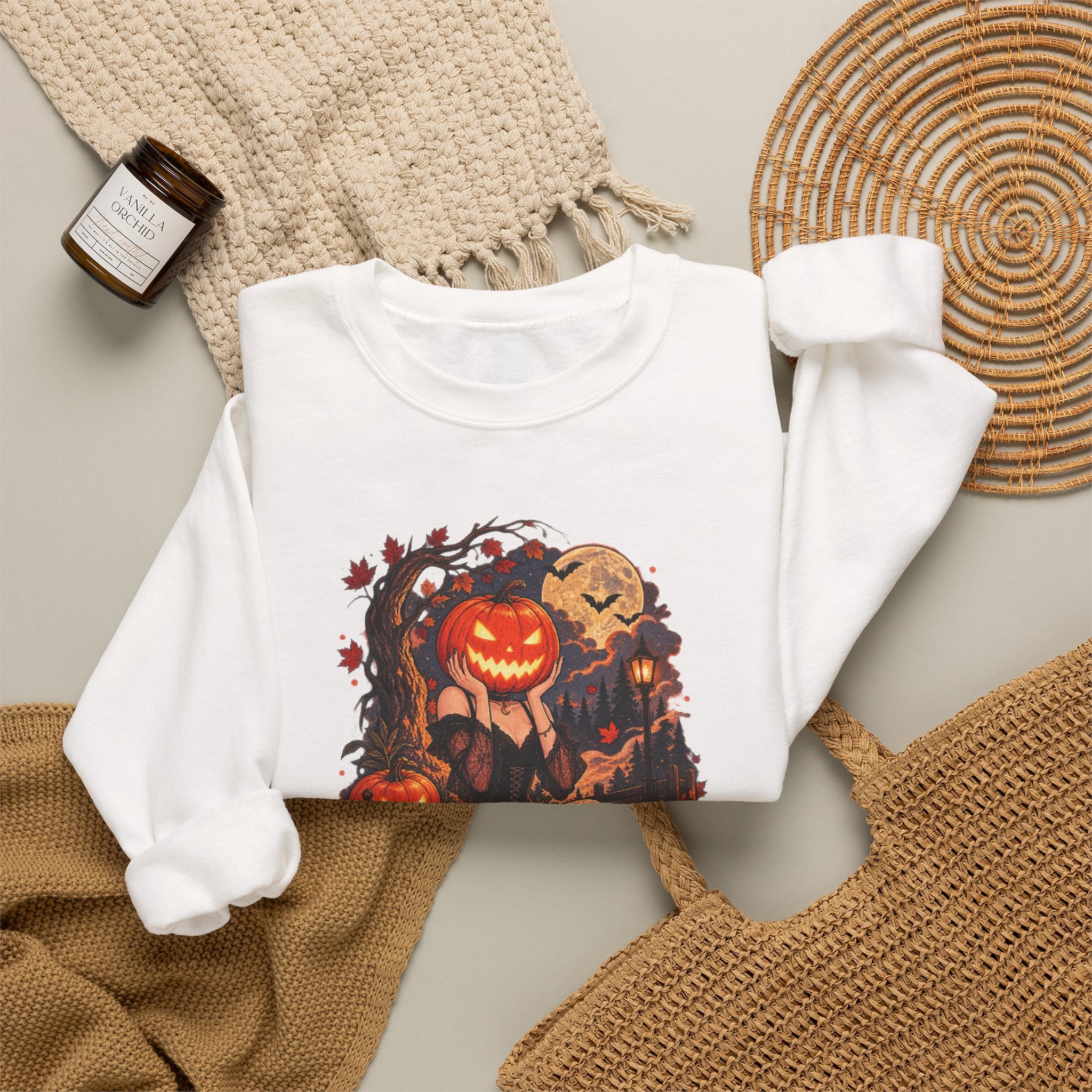 Halloween Pumpkin Girl Crewneck Sweatshirt — Spooky Autumn Graphic Sweatshirt