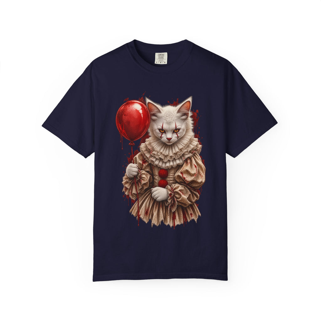Horror Clown Cat T-Shirt — Creepy Victorian Cat with Red Balloon