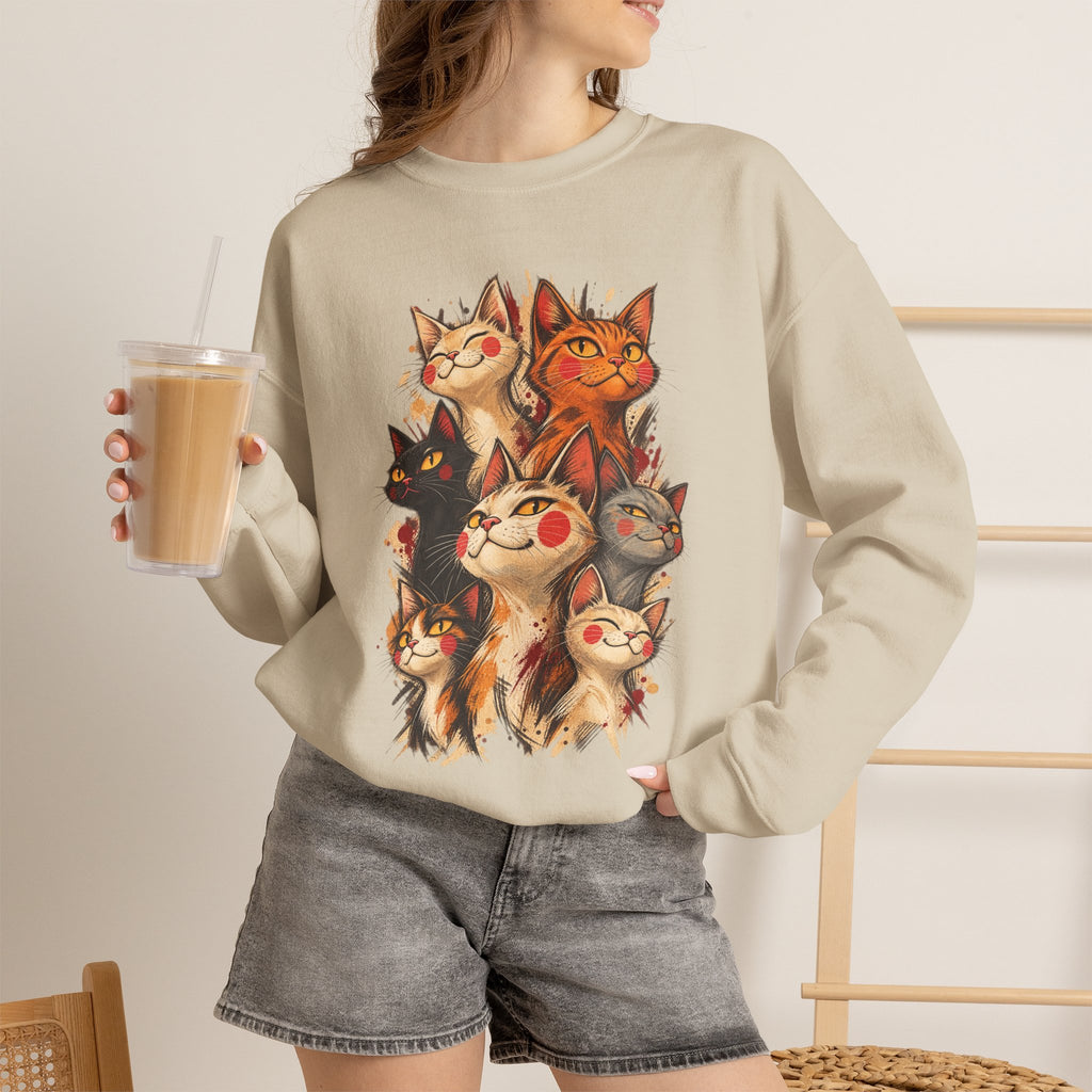 Cat Pack Crewneck Sweatshirt — Whimsical Multi-Cat Illustration