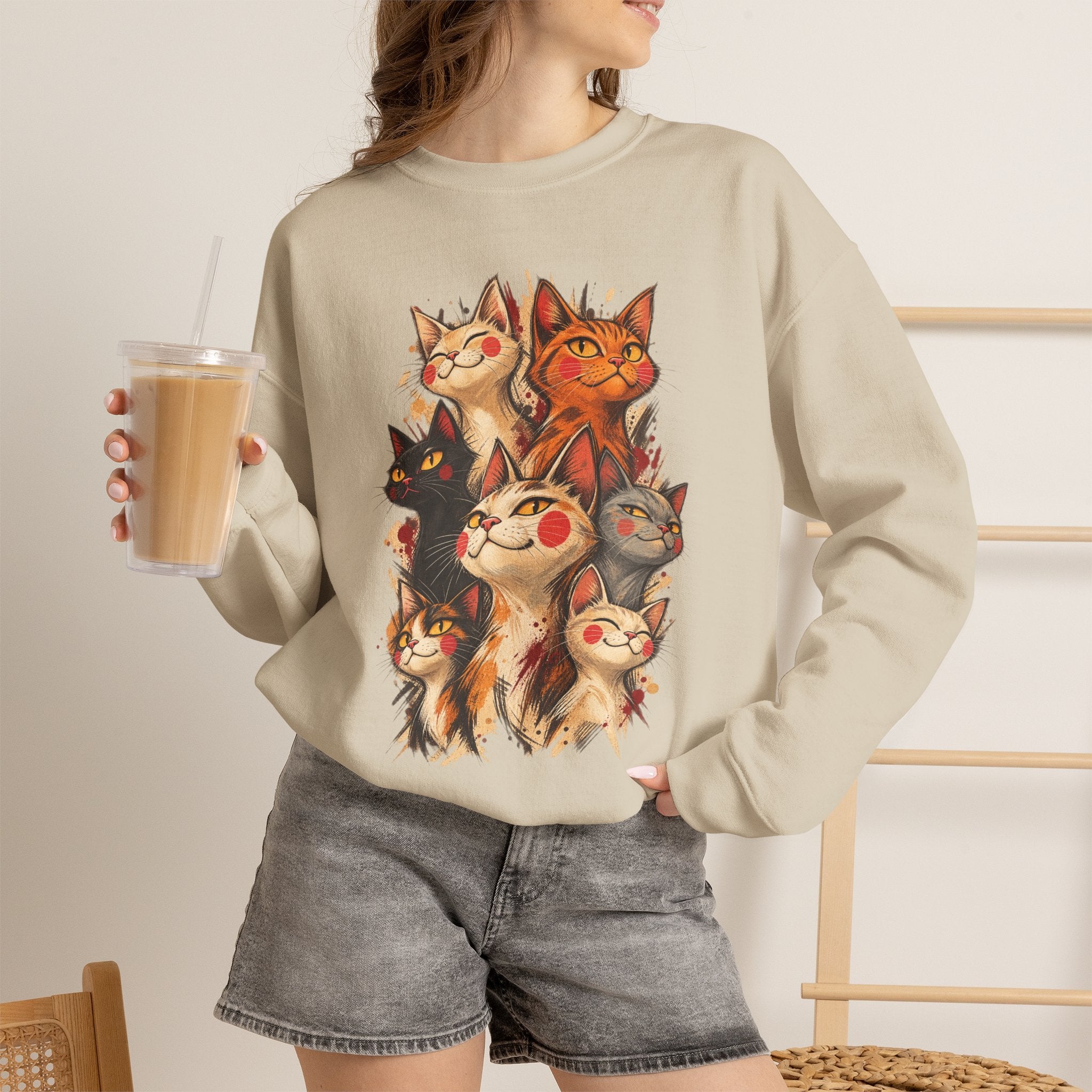 Cat Pack Crewneck Sweatshirt — Whimsical Multi-Cat Illustration