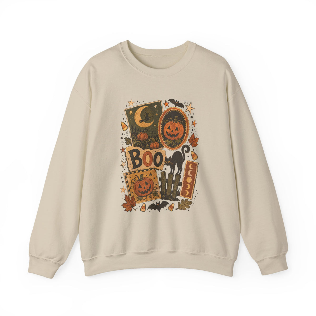 Halloween Vintage Patchwork Sweatshirt – 'Boo' Jack-o'-Lantern Crewneck