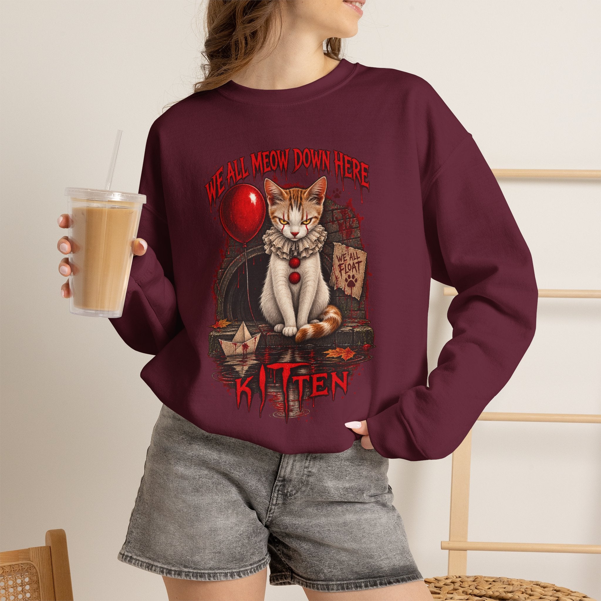 Horror Cat Crewneck Sweatshirt — "Kitten" Creepy Balloon Graphic