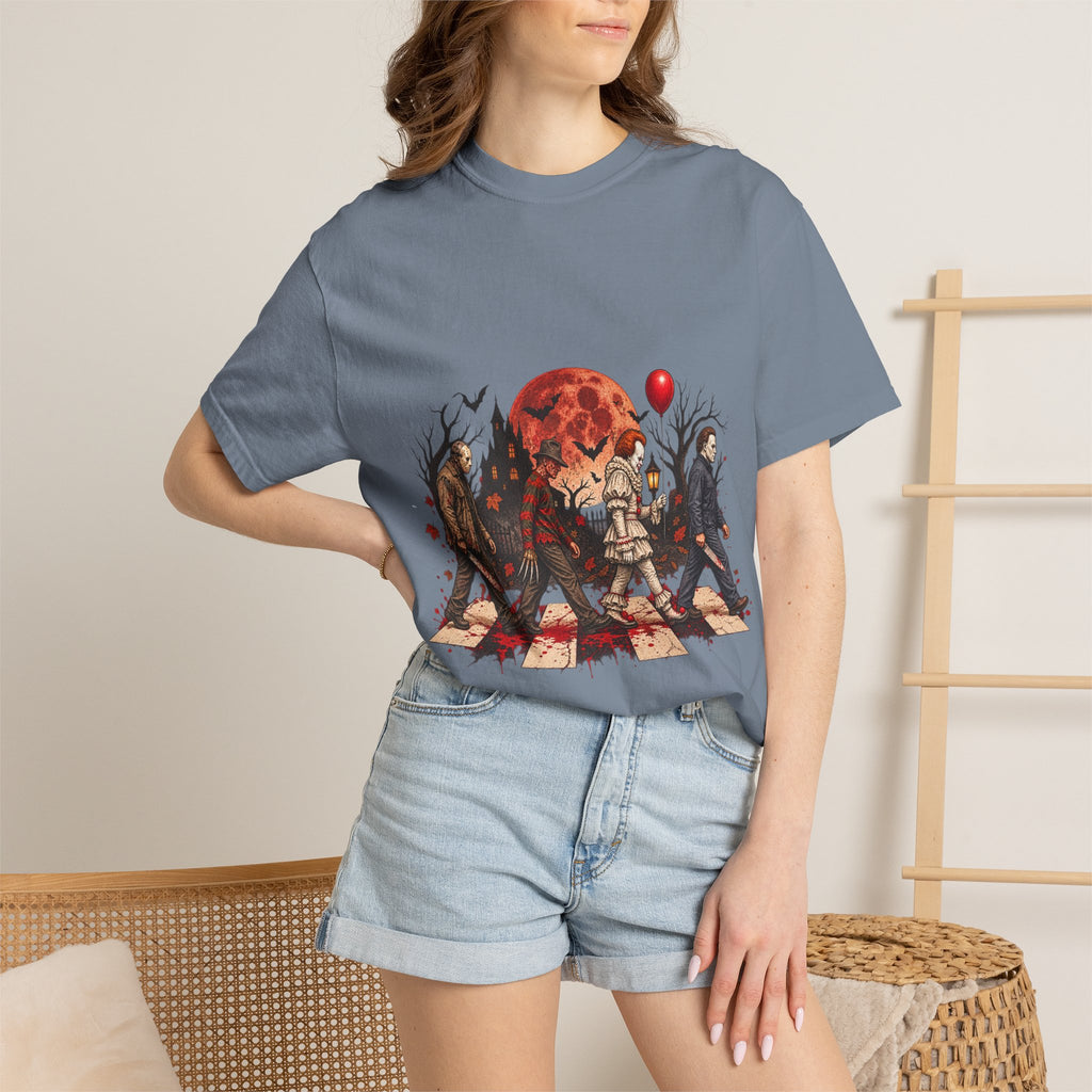 Horror Icons Crossing Graphic T-Shirt — Red Moon Pennywise & Slasher Mashup