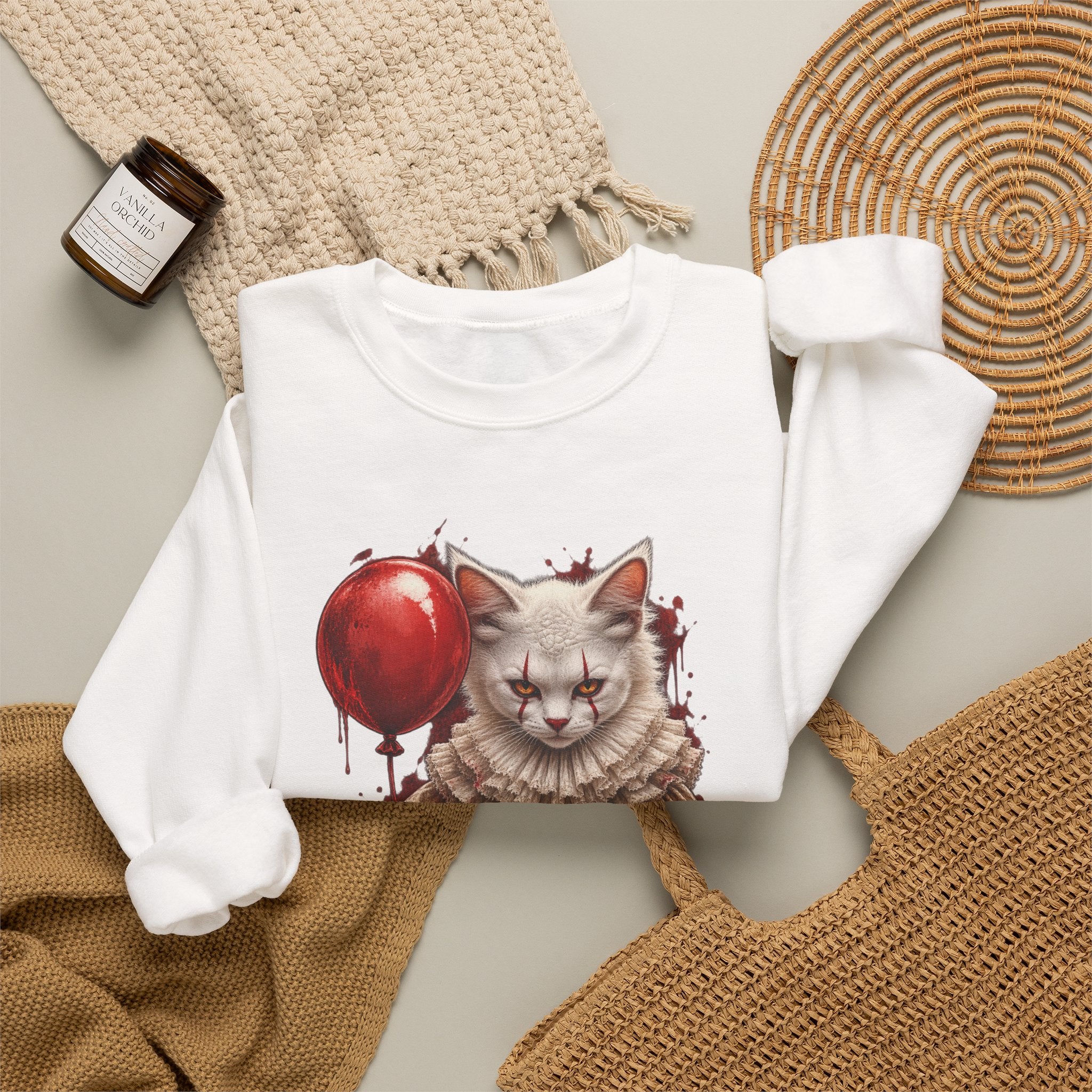 Cat Clown Crewneck Sweatshirt — Creepy Cat Holding Red Balloon Halloween Pullover