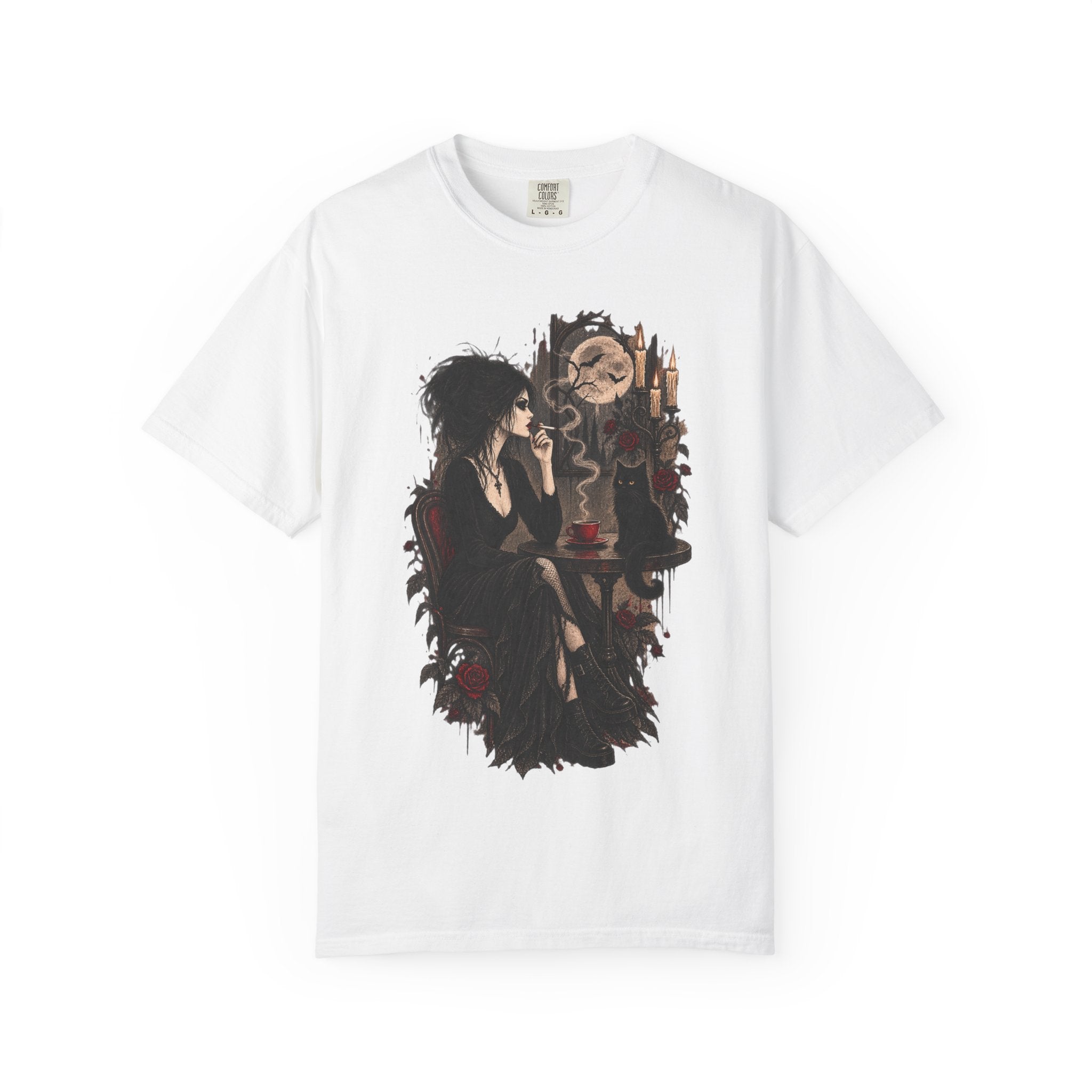 Witchy Tea Time T-Shirt — Gothic Woman with Moon & Candles Art