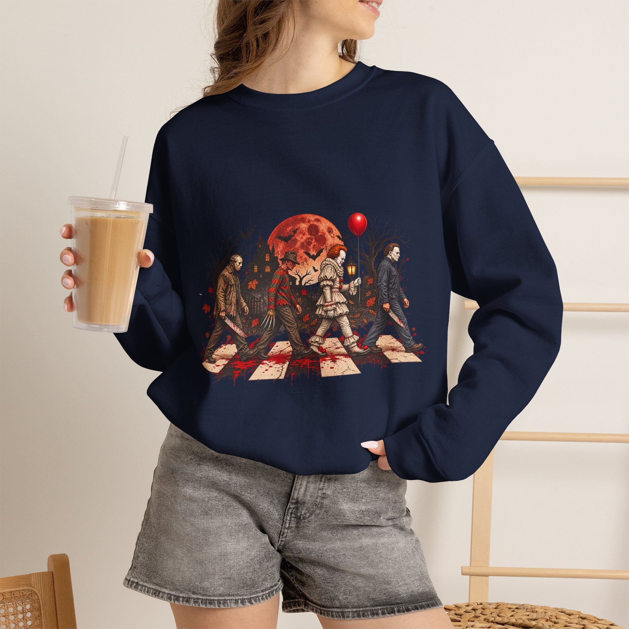 Horror Movie Icons Crewneck Sweatshirt — Pennywise, Jason & Slasher Silhouette Design