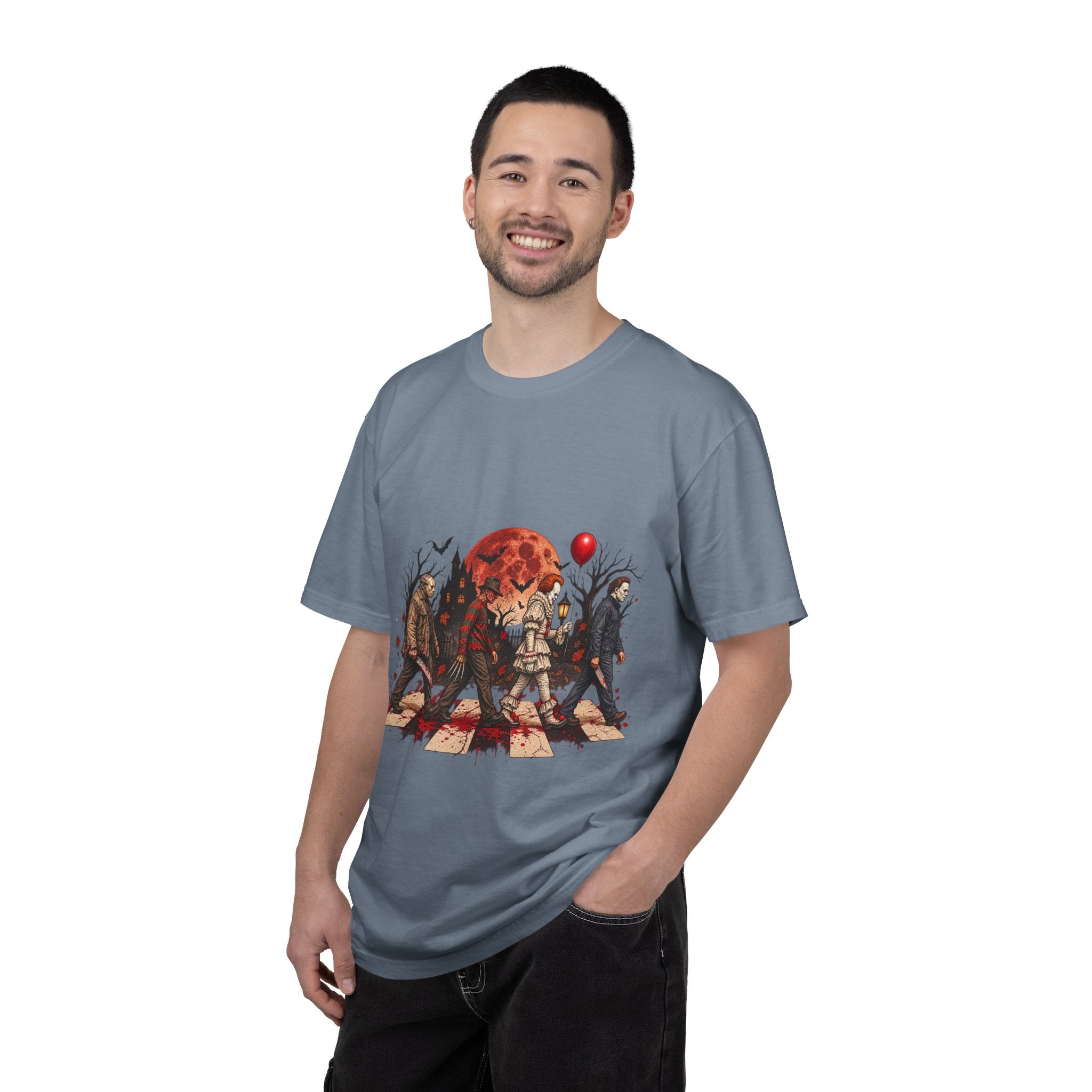 Horror Icons Crossing Graphic T-Shirt — Red Moon Pennywise & Slasher Mashup