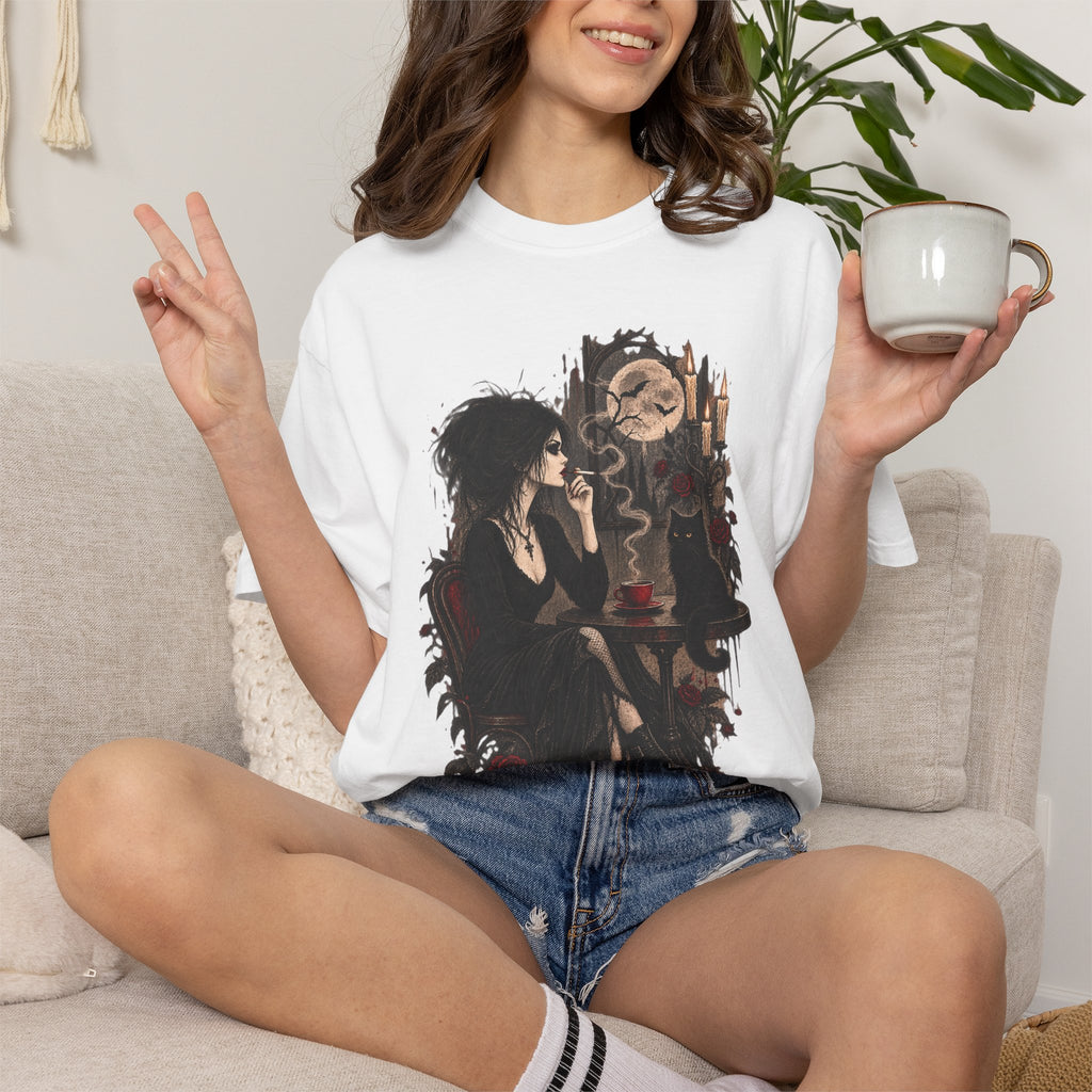 Witchy Tea Time T-Shirt — Gothic Woman with Moon & Candles Art