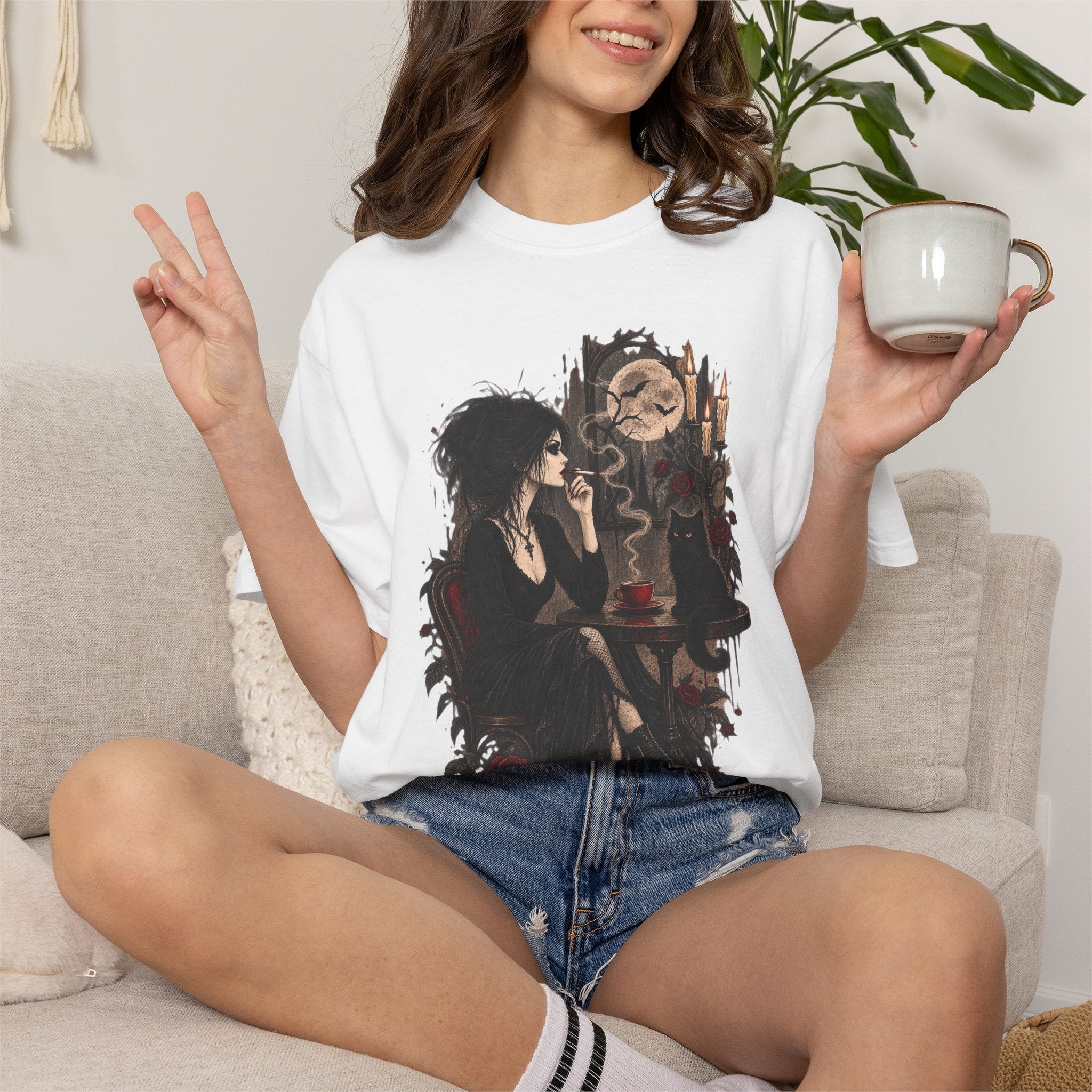 Witchy Tea Time T-Shirt — Gothic Woman with Moon & Candles Art