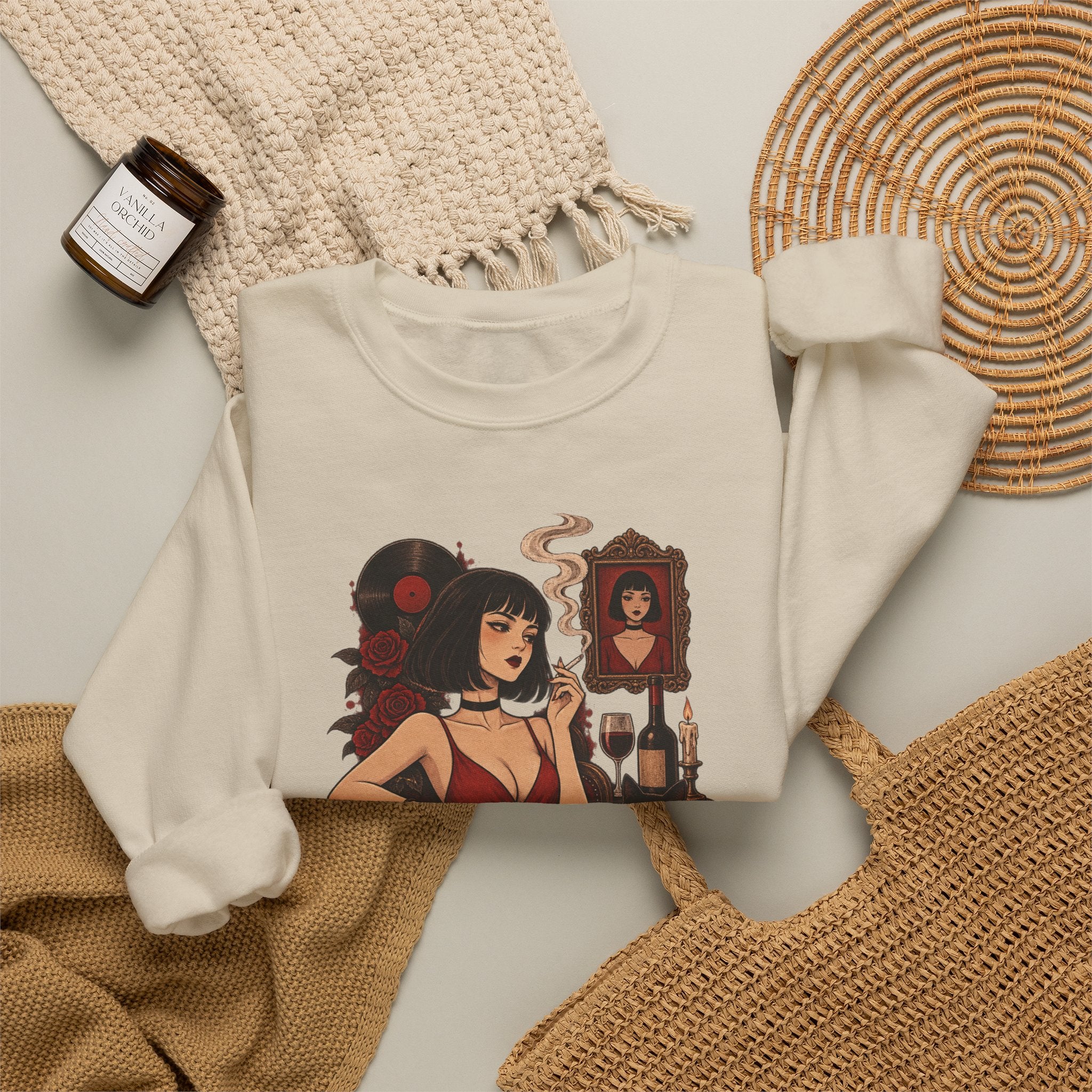 Gothic Noir Crewneck Sweatshirt — "Midnight Parlour" Retro Vampire Femme Design