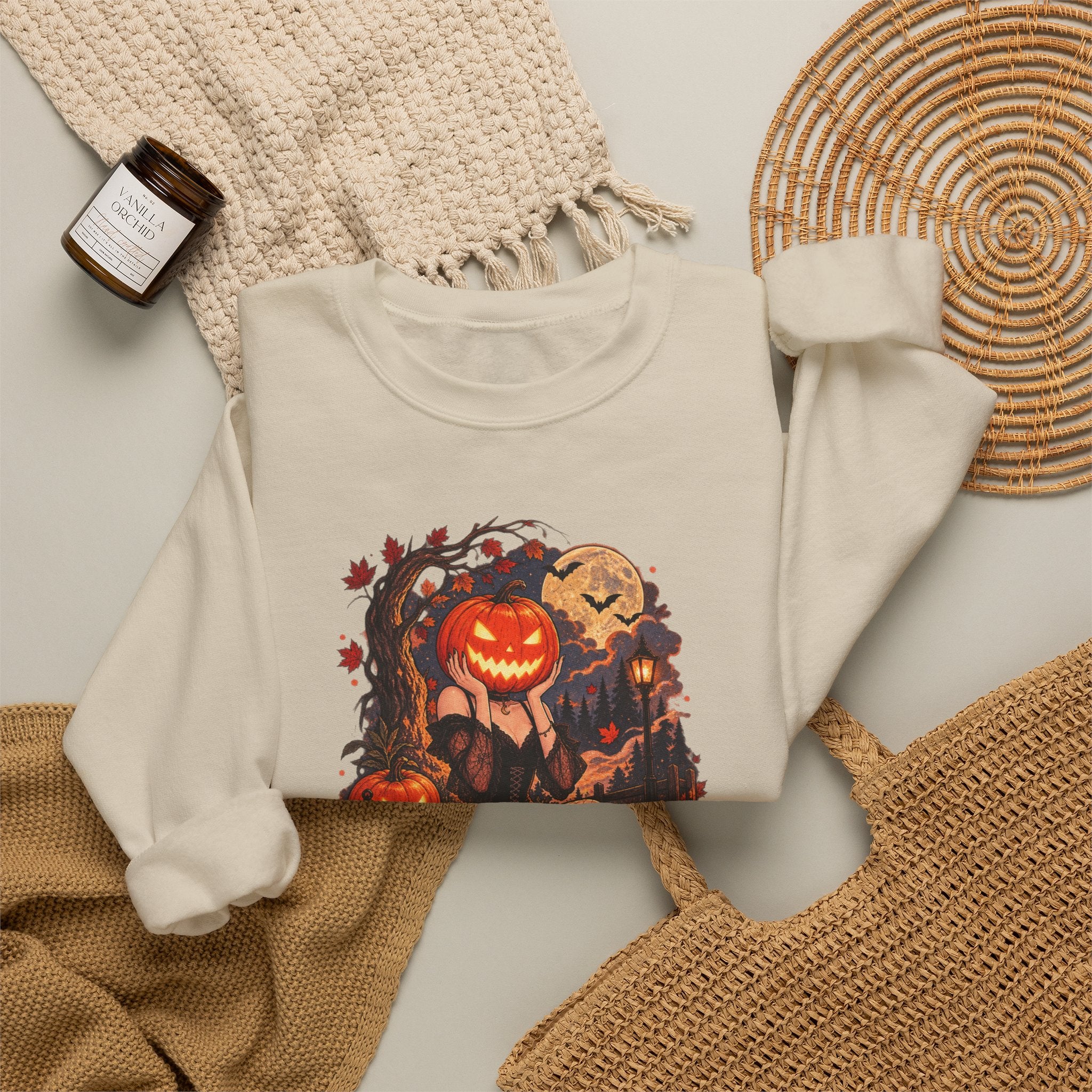 Halloween Pumpkin Girl Crewneck Sweatshirt — Spooky Autumn Graphic Sweatshirt