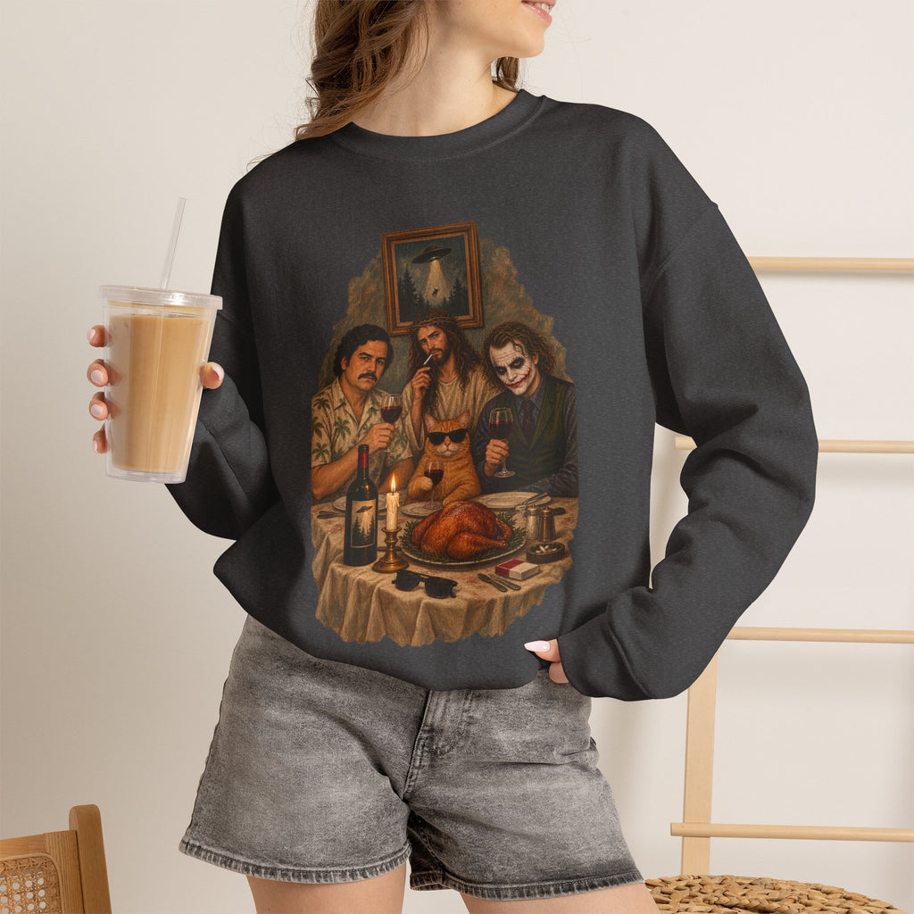 Crewneck Sweatshirt — Vintage Movie Villains Thanksgiving Dinner Graphic