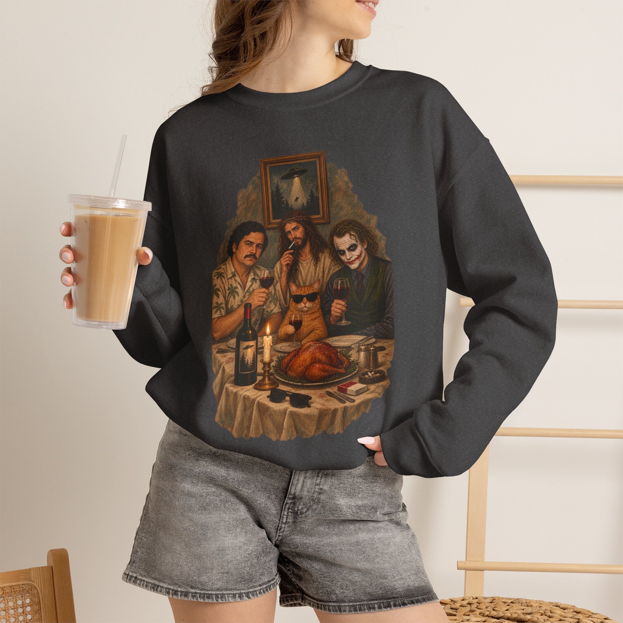 Crewneck Sweatshirt — Vintage Movie Villains Thanksgiving Dinner Graphic