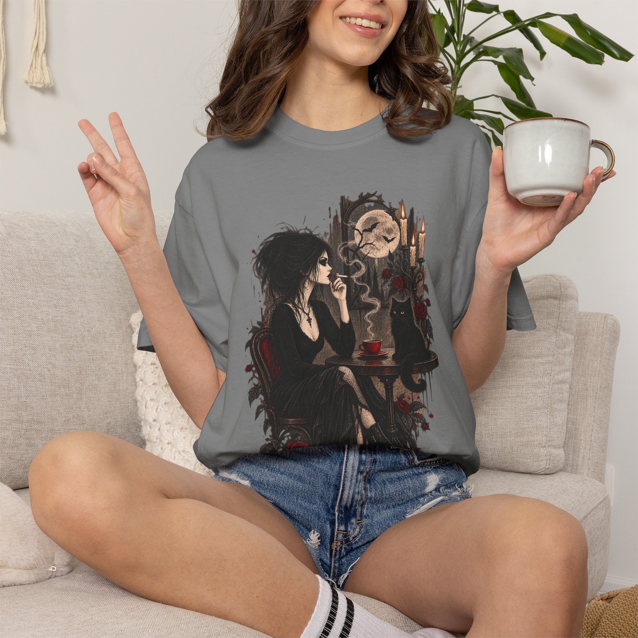 Witchy Tea Time T-Shirt — Gothic Woman with Moon & Candles Art