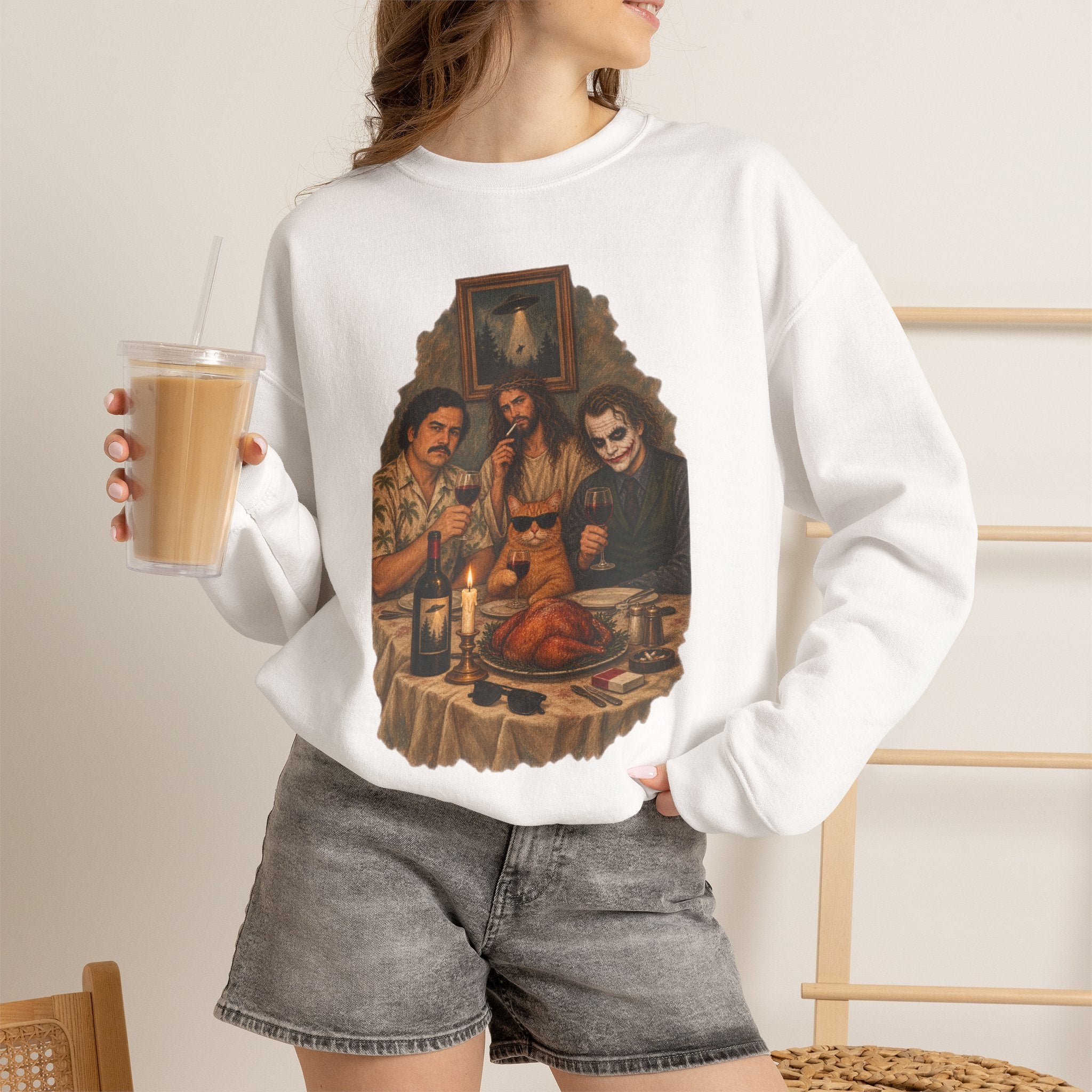 Crewneck Sweatshirt — Vintage Movie Villains Thanksgiving Dinner Graphic