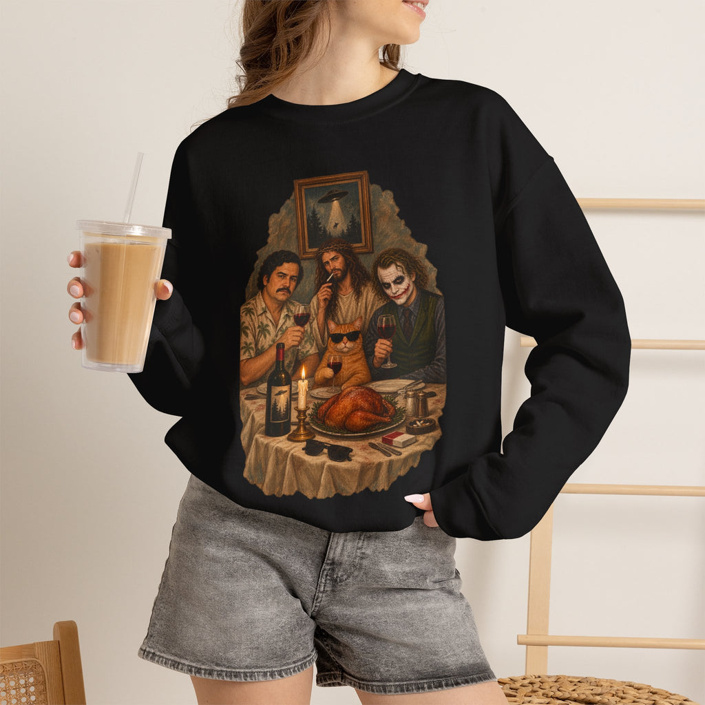 Crewneck Sweatshirt — Vintage Movie Villains Thanksgiving Dinner Graphic